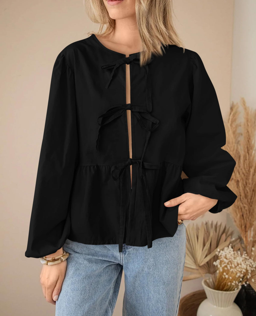 PRETTYGARDEN Women's Spring Fall Babydoll Peplum Blouse Shirt Puff Long Sleeve Bow Tie Front Trendy Cute Y2K Going Out Tops