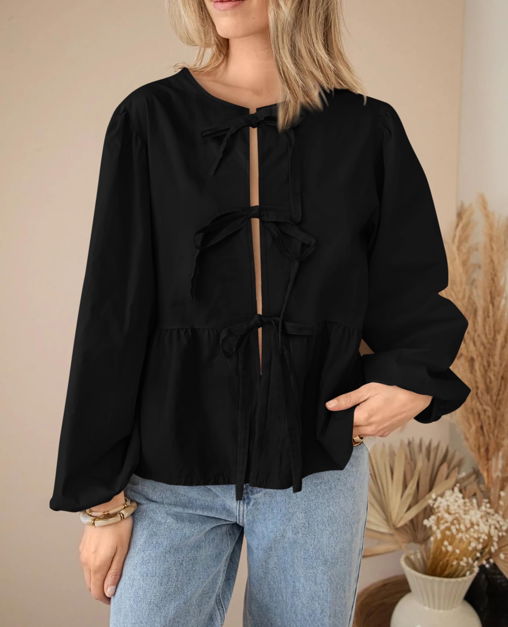 PRETTYGARDEN Women's Spring Fall Babydoll Peplum Blouse Shirt Puff Long Sleeve Bow Tie Front Trendy Cute Y2K Going Out Tops