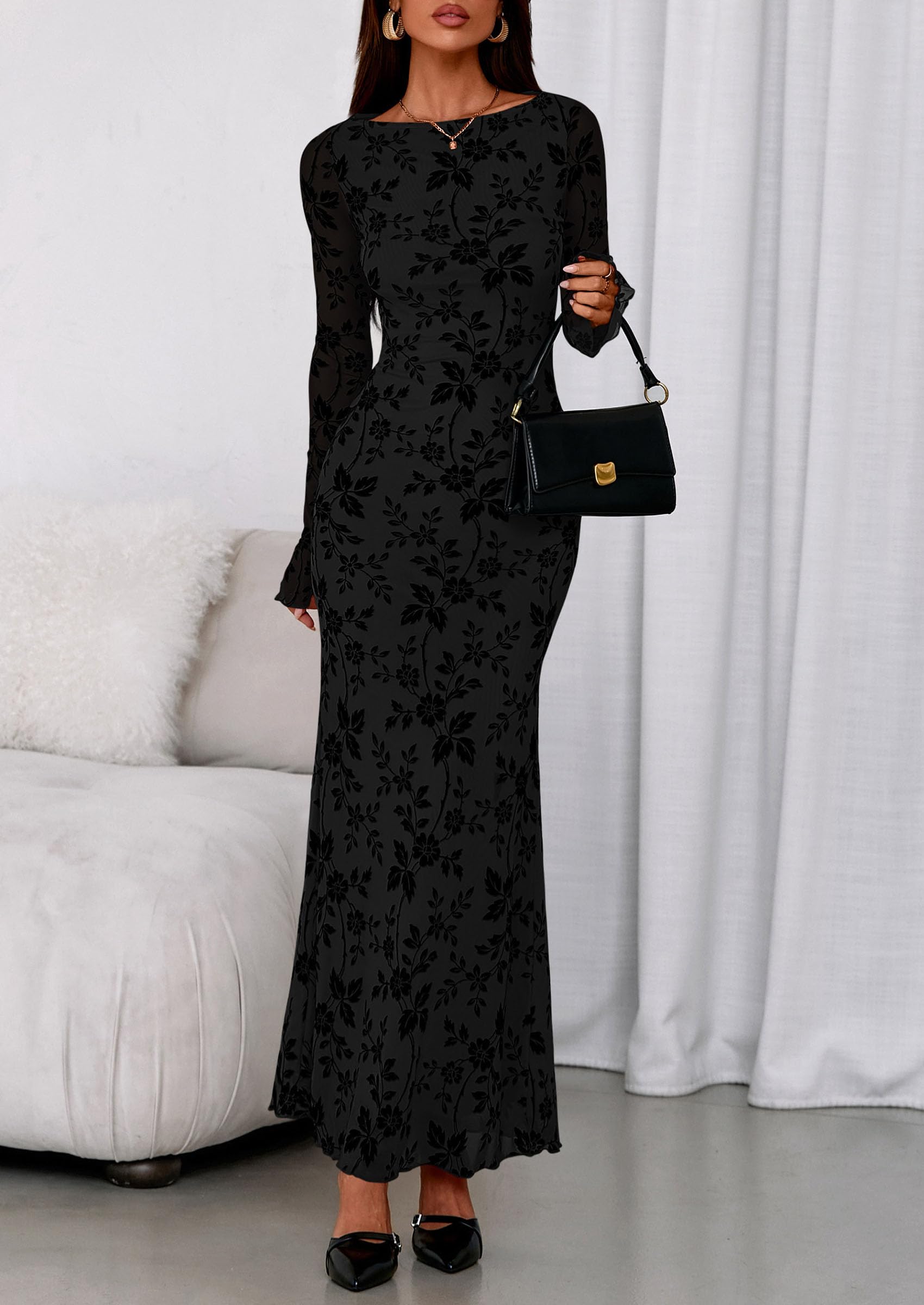 PRETTYGARDEN Women's Floral Bodycon Maxi Dress Fall Elegant Mesh Long Sleeve Formal Wedding Guest Cocktail Dresses