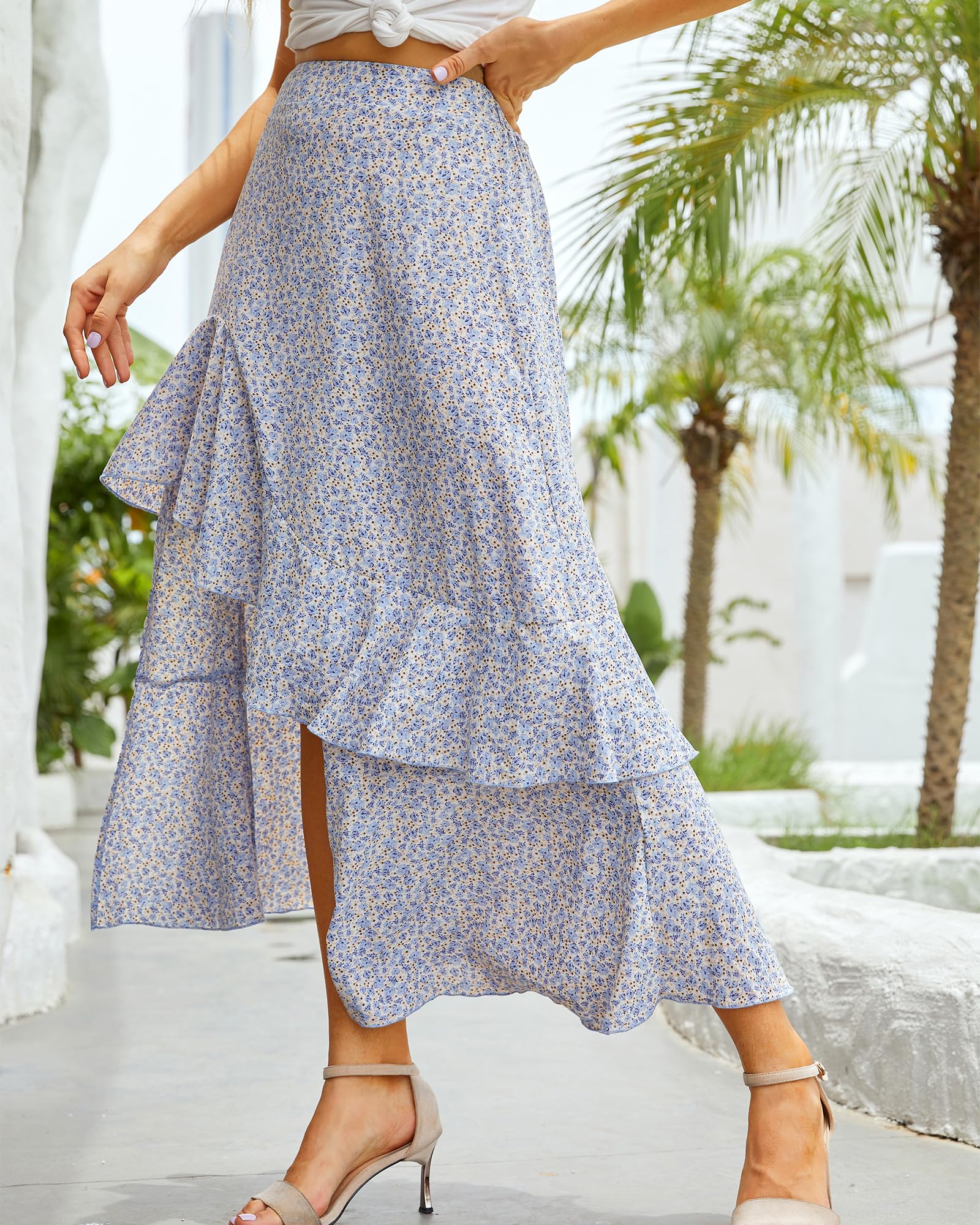 FreshPretty Women Summer Fall Boho Long Skirts Dress Floral Print Elastic Waist Split Ruffle High Low Beach Maxi Skirt