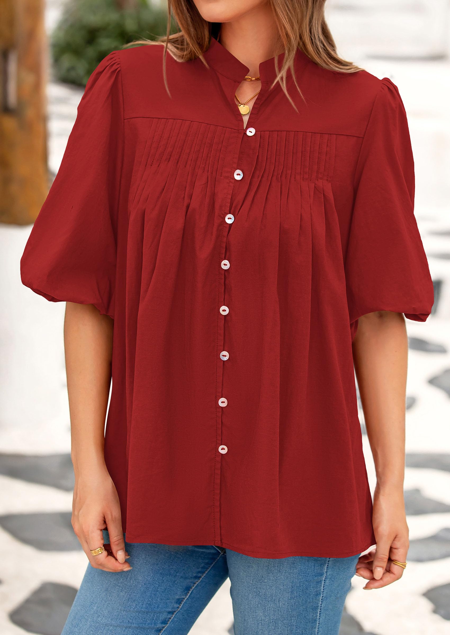 PRETTYGARDEN Women's  Summer Short Lantern Sleeve Tops Loose Fit Button Down Shirt Pleated V Neck Blouses Trendy Clothes