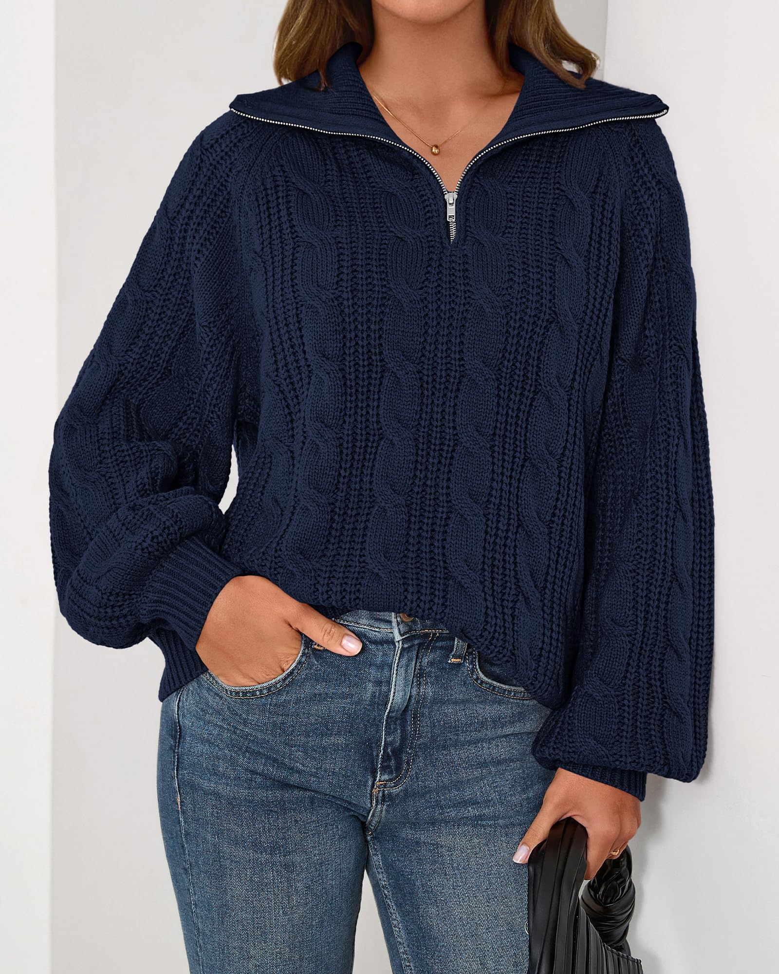 BTFBM Sweaters for Women Fall Fashion Loose Quarter Zip Pullover Collared Long Sleeve Cable Knit Winter Clothes