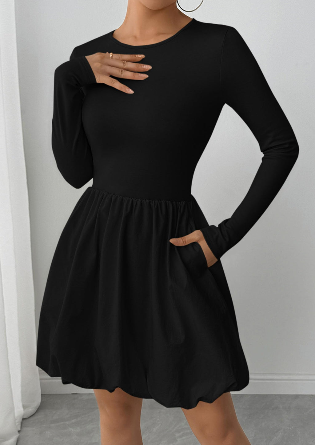 PRETTYGARDEN Fall Dresses for Women Casual Long Sleeve Bubble Cute Crew Neck A Line Mini Short Dress with Pockets