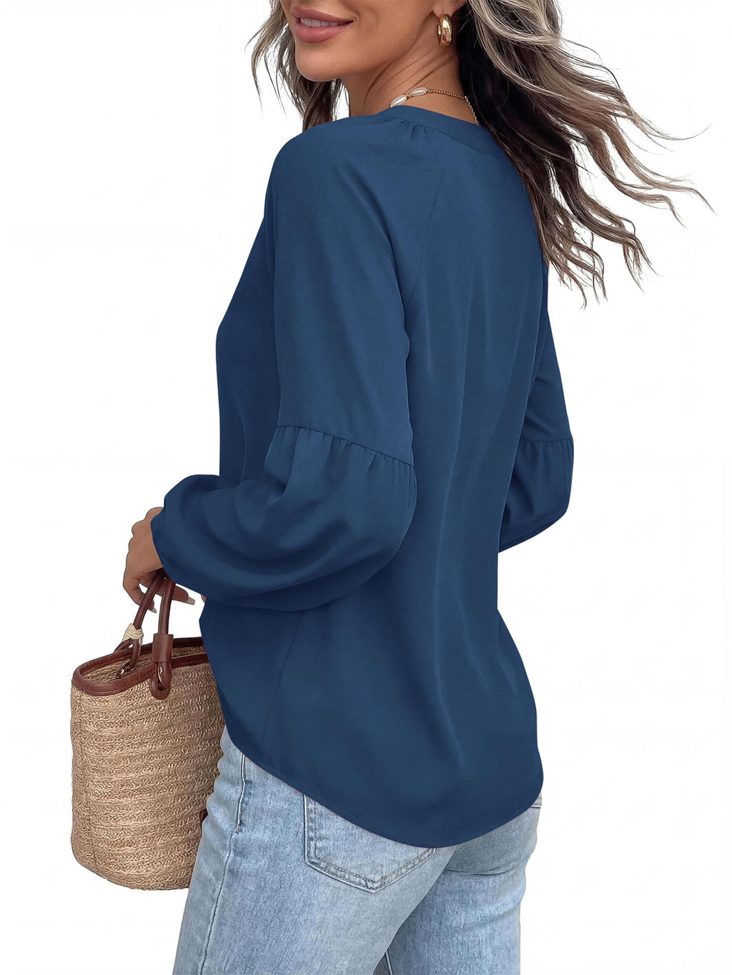 BTFBM Blouses for Women Dressy Casual Boho Tops V Neck Lightweight Long Sleeve Shirts Spring Clothes