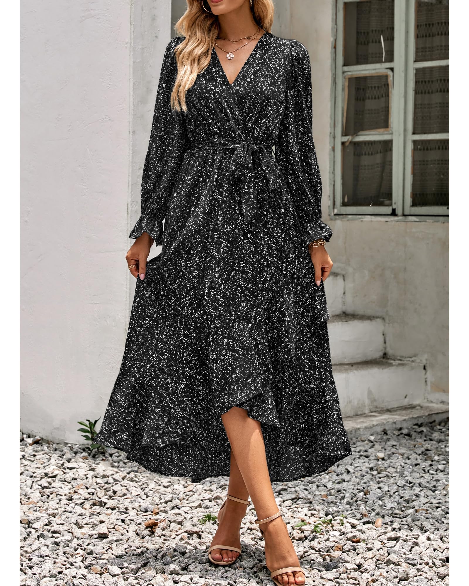 BTFBM Womens Dresses Summer V Neck Floral High Waist Ruffle Wedding Guest Cocktail Boho Spring Long Sleeve Dress