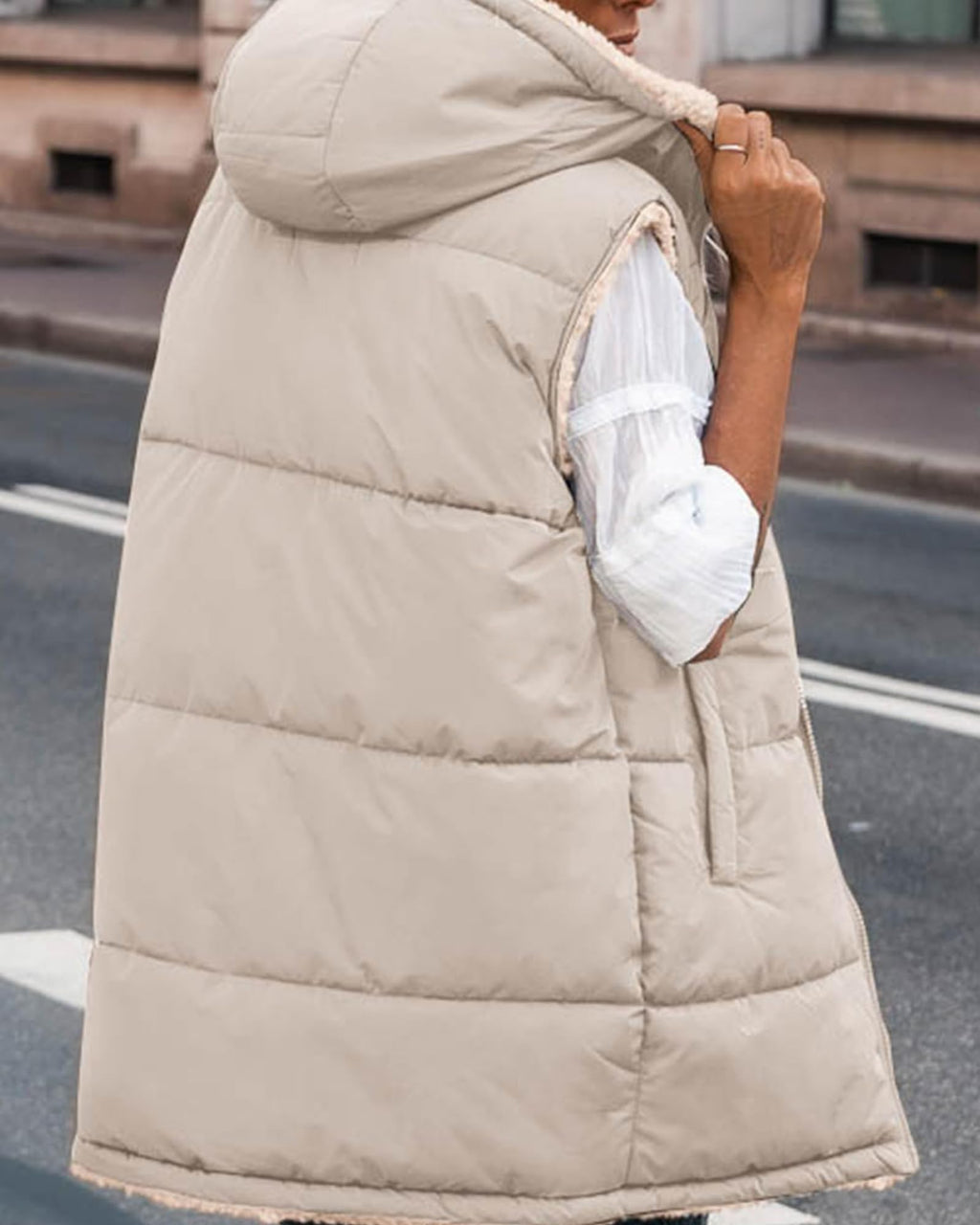 BTFBM Long Puffer Vest Women Fleece Sherpa Jacket Sleeveless Hooded Reversible Zip Up Winter Coat Fall Vests Outerwear