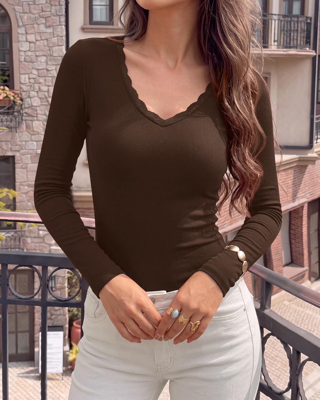 BTFBM Lace Deep V Neck Fitted Long Sleeve Shirts for Women | Womens Fall Fashion, Casual T Shirt, Base Layer, Basic Undershirts, Slim Fit Going Out Tops, Date Night Out Outfits