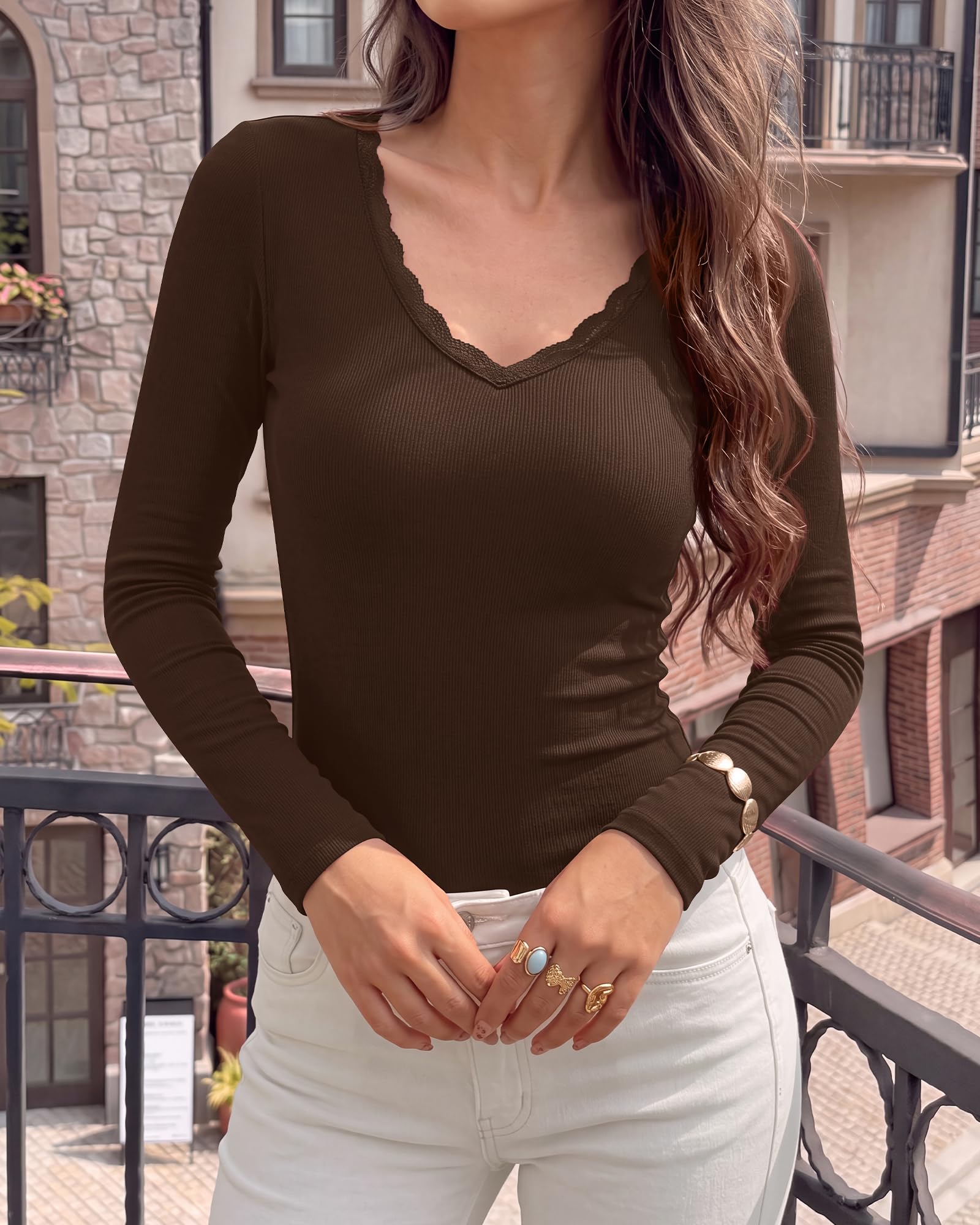 BTFBM Lace Deep V Neck Fitted Long Sleeve Shirts for Women | Womens Fall Fashion, Casual T Shirt, Base Layer, Basic Undershirts, Slim Fit Going Out Tops, Date Night Out Outfits