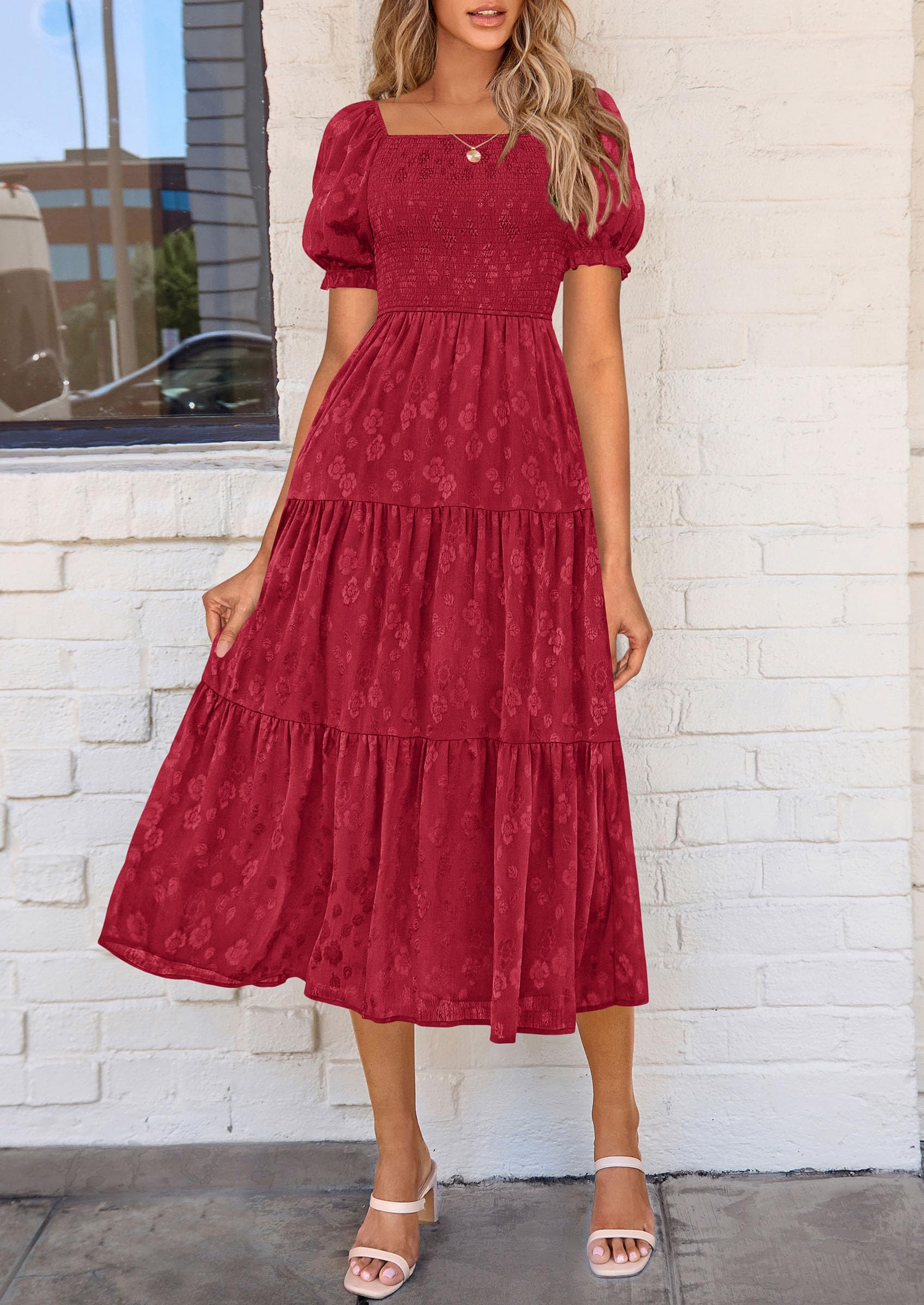 PRETTYGARDEN Women's Summer Casual Midi Dresses Square Neck Short Sleeve Smocked A Line Floral Flowy Elegant Boho Dress