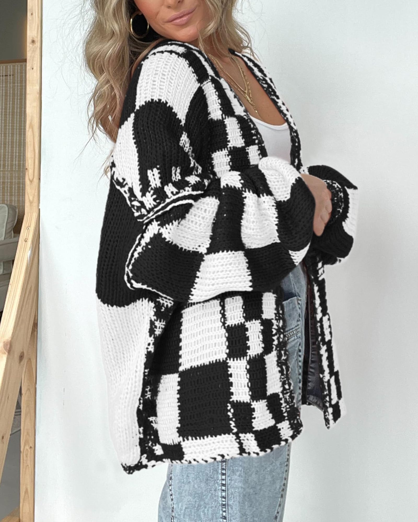 FreshPretty Casual Cardigan Sweater for Women Fall Long Sleeve Open Front Chunky Knit Sweaters Checkered Outwear Coat