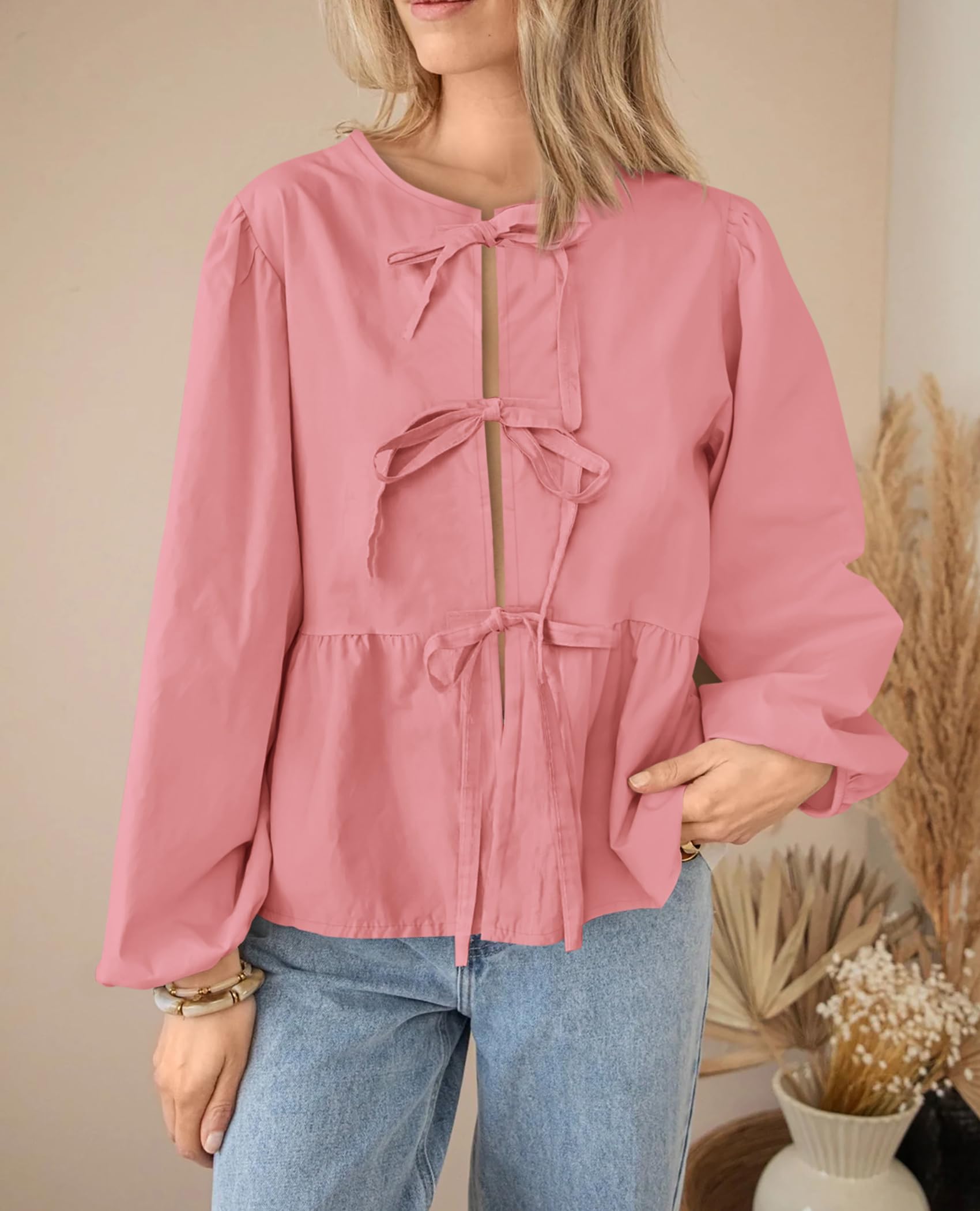 PRETTYGARDEN Women's Spring Fall Babydoll Peplum Blouse Shirt Puff Long Sleeve Bow Tie Front Trendy Cute Y2K Going Out Tops