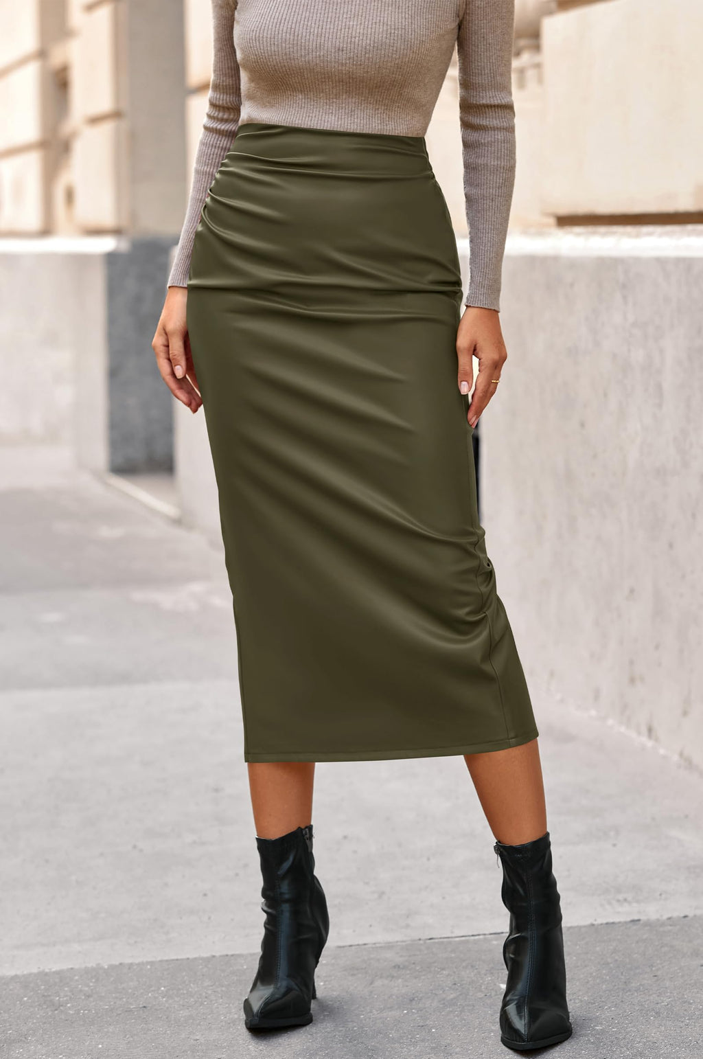 BTFBM Skirts for Women Trendy Spring Elastic Waist Ruched Bodycon Slit Pencil Midi Leather Skirt Bussiness Casual
