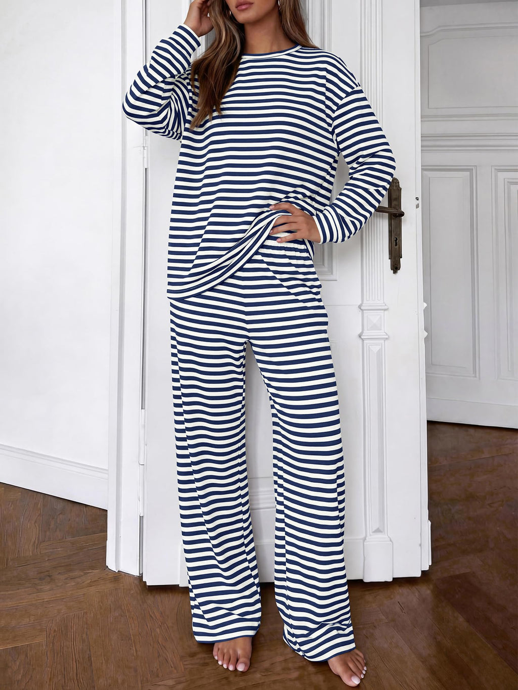 BTFBM Striped Lounge Set Sweatsuits Women 2 Piece Outfit | Womens Pajama Sets, Crew Neck Sweatshirt and Wide Leg Pants, Pockets, Airport, Travel, Vacation Outfits, Fall Winter Clothes