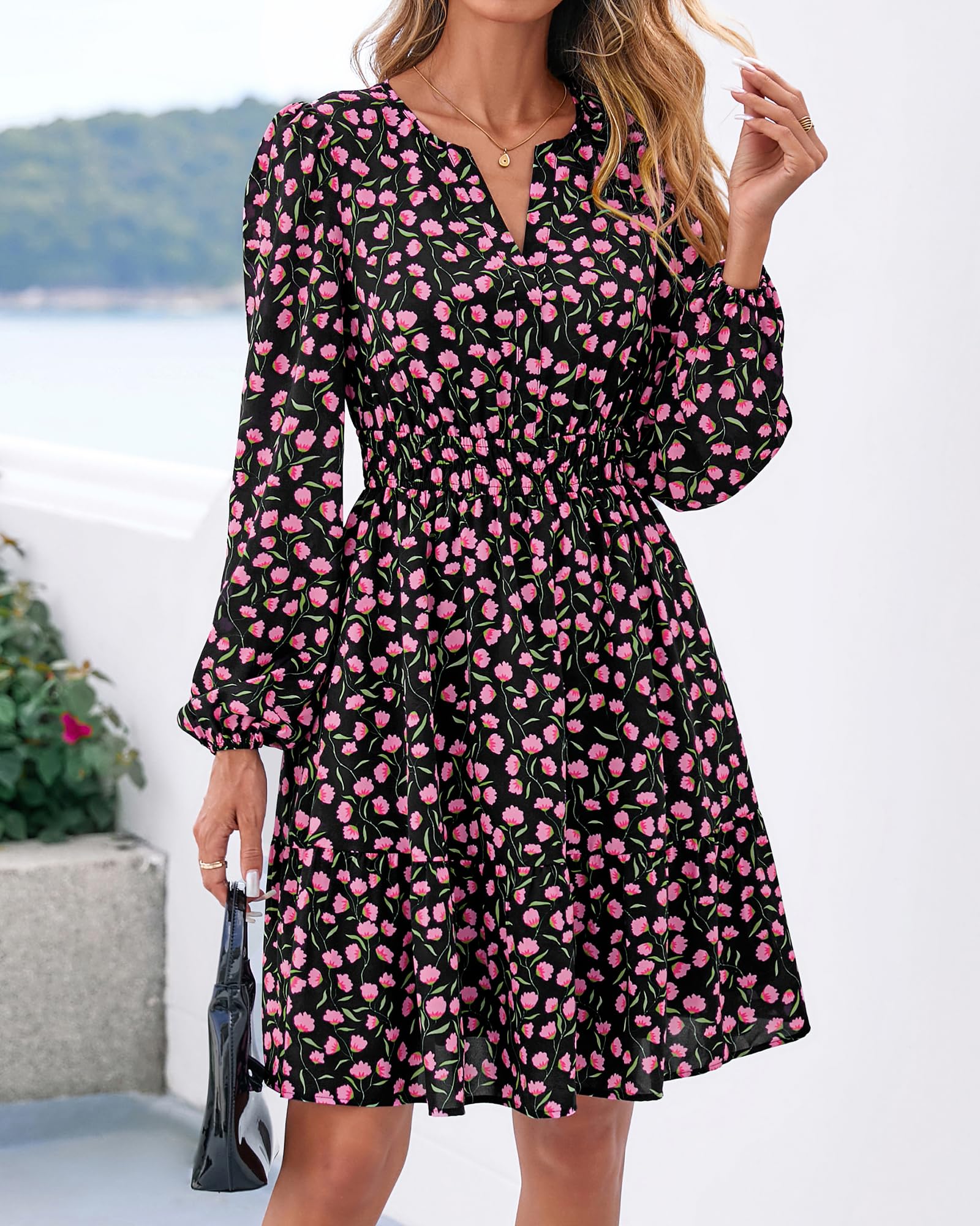 BTFBM Spring Dresses for Women Mini Long Sleeve Elastic Waist Summer Vacation Outfits Floral Wedding Guest Dress