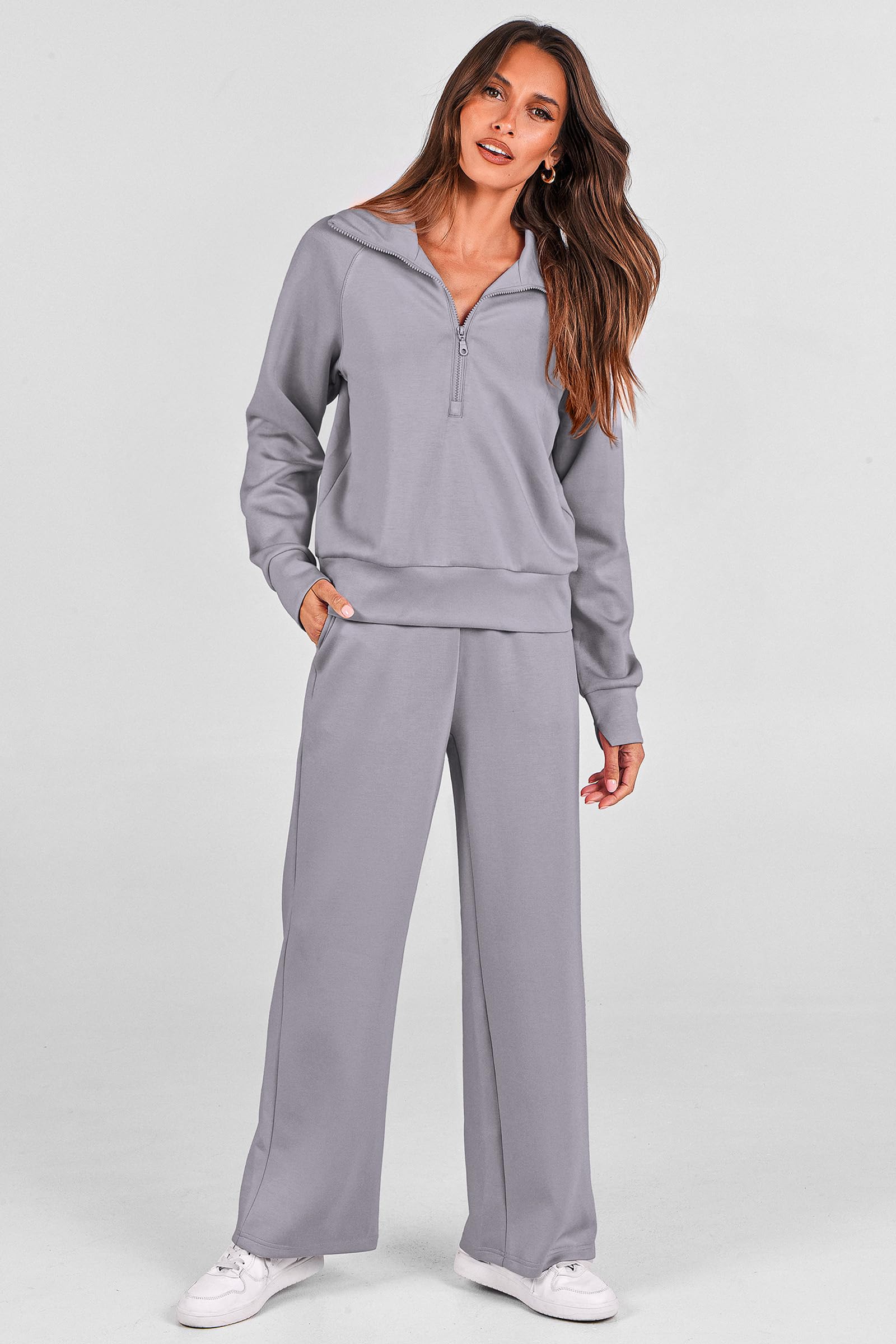 PRETTYGARDEN Women's 2 Piece Outfits Casual Lapel Half Zip Sweatshirts and Wide Leg Pants Tracksuit Sets