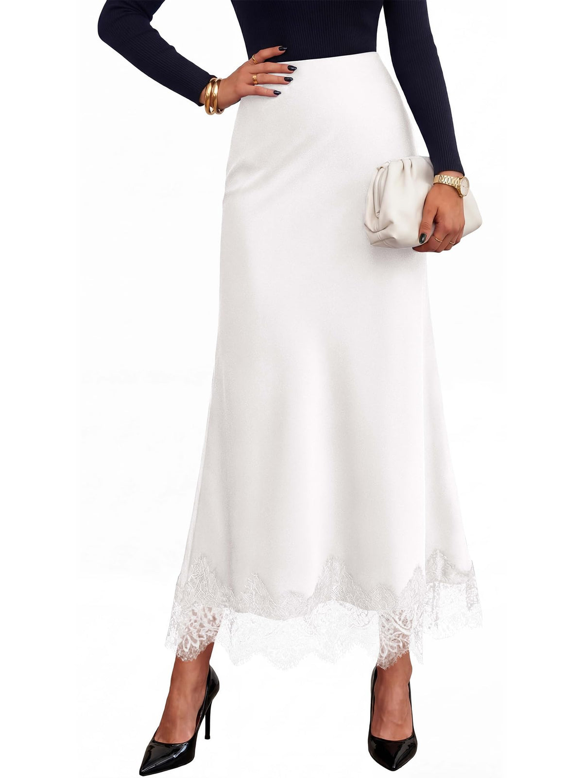 BTFBM Lace Trim Satin Skirts for Women Elegant | Lightweight, High Waist, A-Line, Flowy Maxi Skirt, Wedding, Cocktail, Graduation, Holiday Outfits, Fall Fashion Clothing