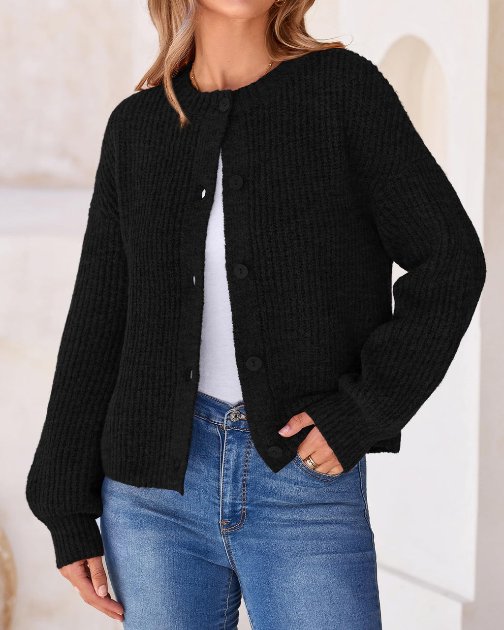 BTFBM Cardigan Sweaters for Women Fall Long Sleeve Button Down Soft Loose Chunky Knit Outwear Cropped Winter Coats