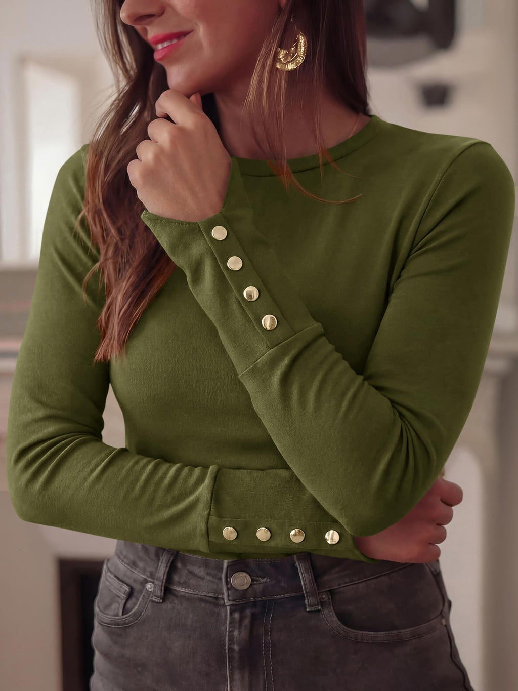 FreshPretty Womens Long Sleeve Tops Cute Slim Fitted Fall Shirts,Crewneck Knit Basic Shirts,Slimming Fit Work Office Blouses,Business Casual Outfits,Decorative Buttons,Fashion Clothing