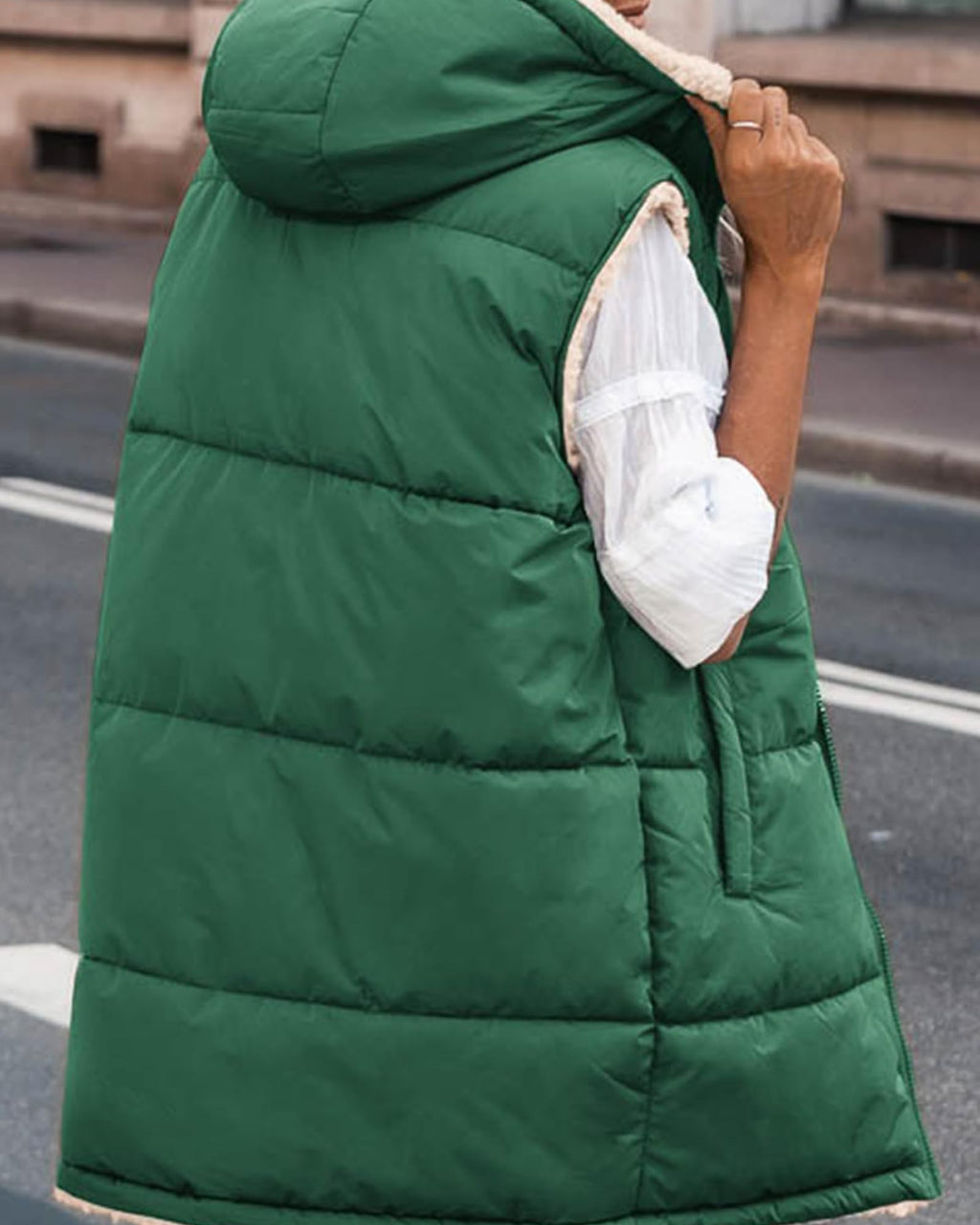 BTFBM Long Puffer Vest Women Fleece Sherpa Jacket Sleeveless Hooded Reversible Zip Up Winter Coat Fall Vests Outerwear