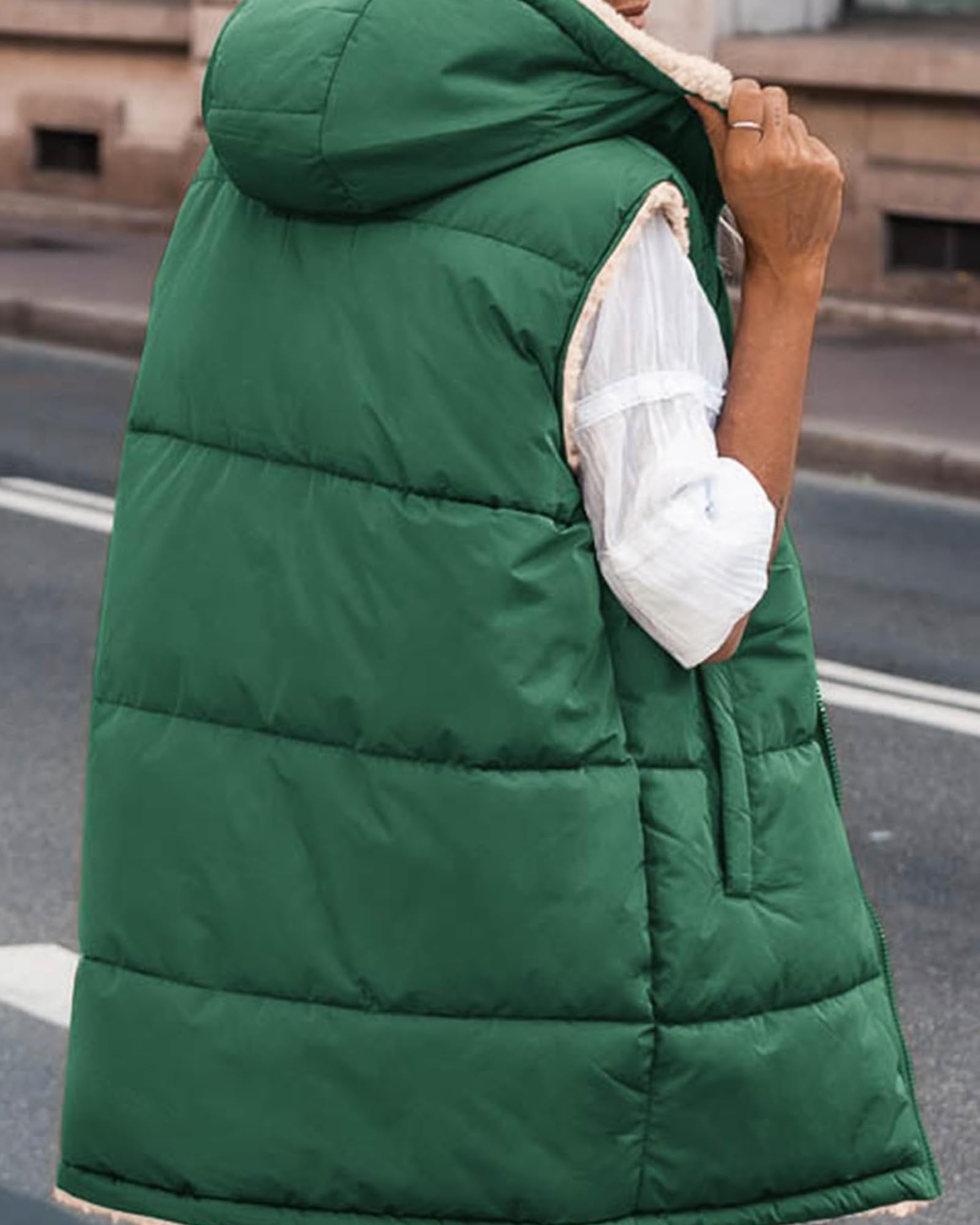 BTFBM Long Puffer Vest Women Fleece Sherpa Jacket Sleeveless Hooded Reversible Zip Up Winter Coat Fall Vests Outerwear