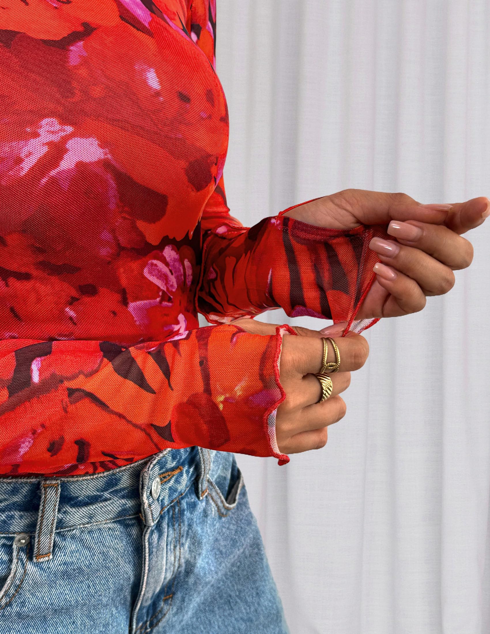 PRETTYGARDEN Womens Fall Mesh Floral Blouses Long Sleeve Going Out Tops Slim Fitted Shirts Date Night Outfits