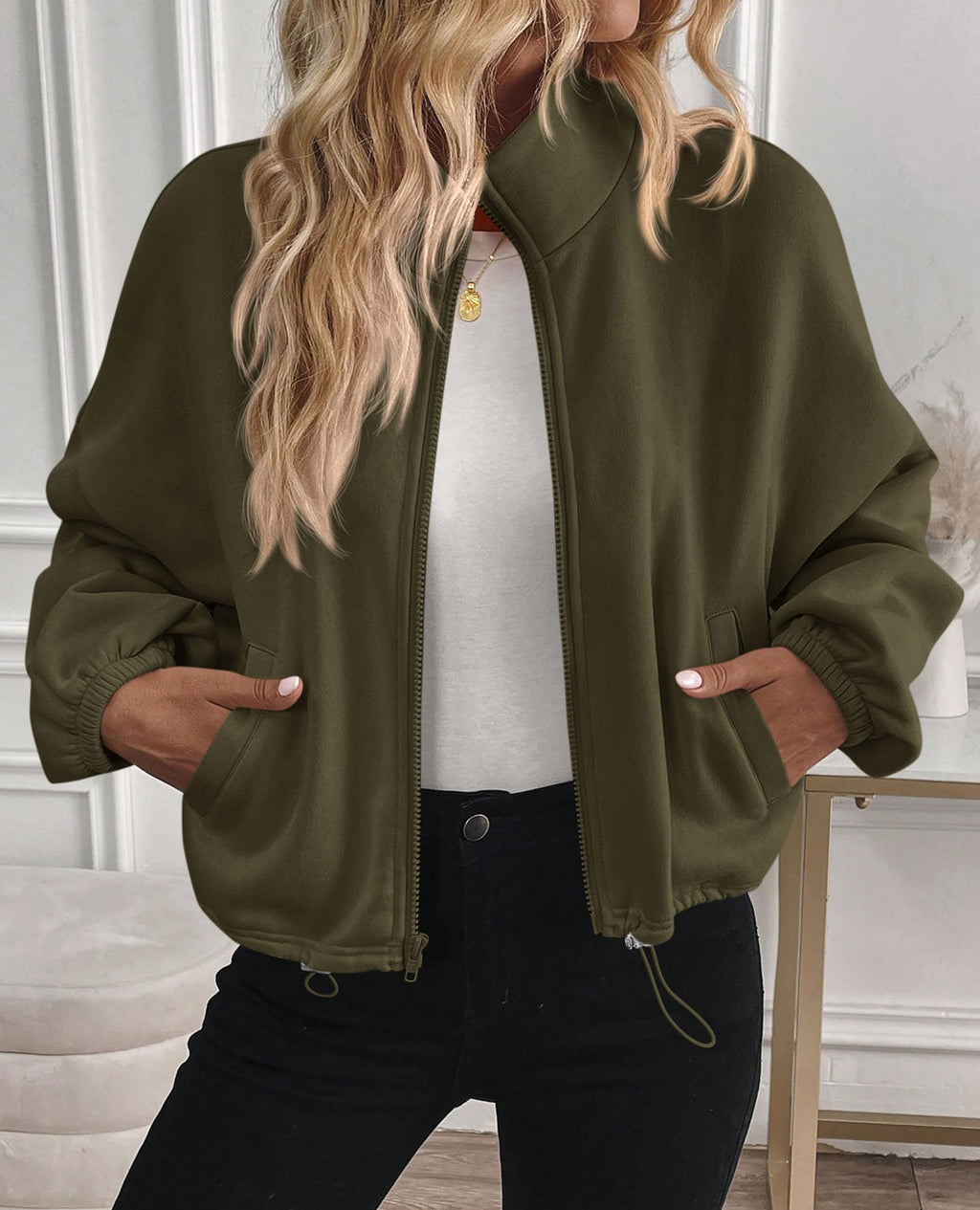 PRETTYGARDEN Womens Zip Up Fleece Cropped Sweatshirt Jacket Oversized Loose Soft Stand Collar with Drawstring Hem, Long Sleeve Casual Coat With Pockets, Fall Outfits Winter Clothing