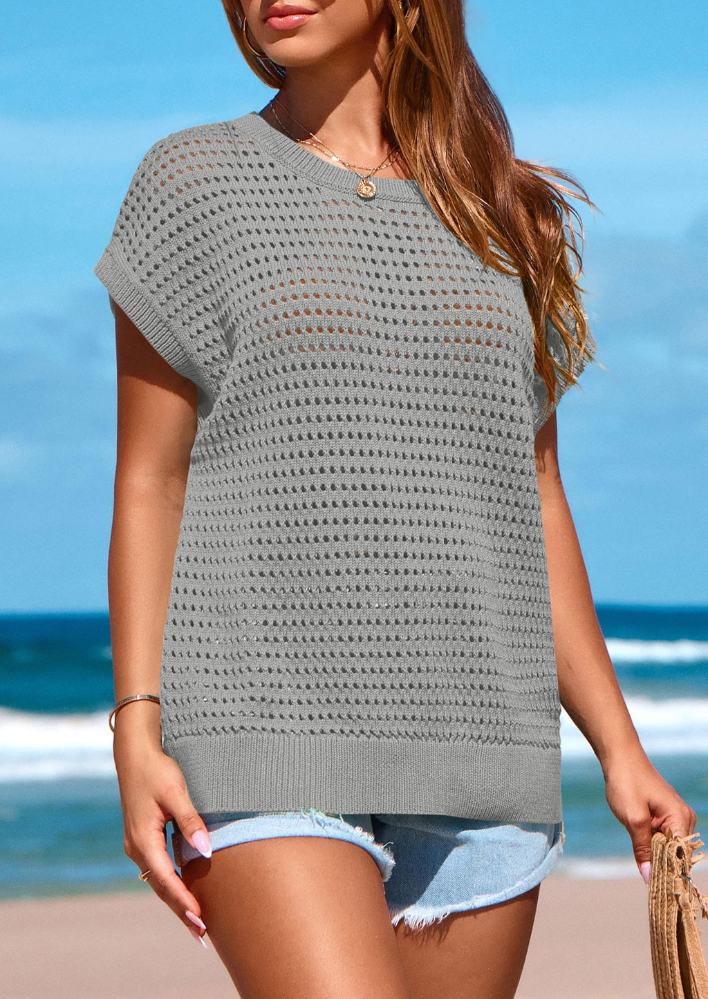 PRETTYGARDEN Womens Spring Tops Summer Shirts Crochet Cap Sleeve Sweater Pullover Cute Beach Vacation Clothes