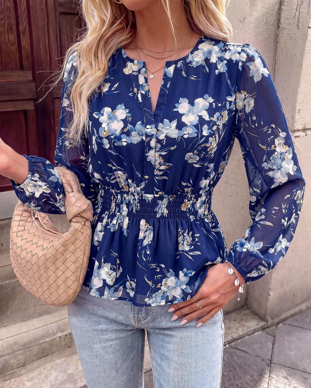 BTFBM Womens Tops Dressy Casual Floral V Neck Long Sleeve Chiffon Shirts | Chiffon Lantern Sleeve Flowy Peplum Sheer Top,Elastic Waist Babydoll Blouses,Boho Vacation Outfits,Fall Fashion Clothing