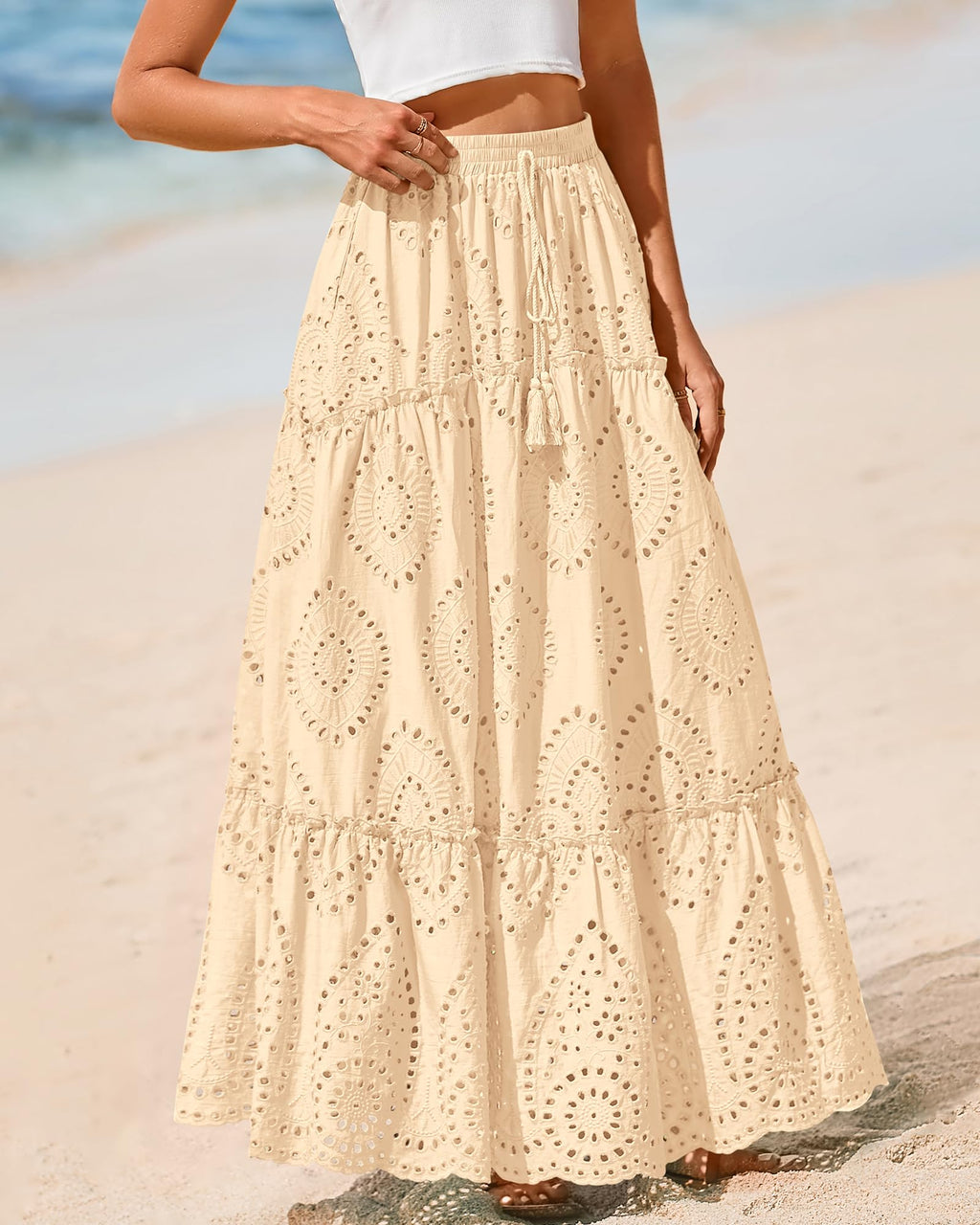 BTFBM Long Skirts for Women Summer Boho Lace Embroidery High Waist Flowy Tiered Spring Maxi Skirt Beach Vacation