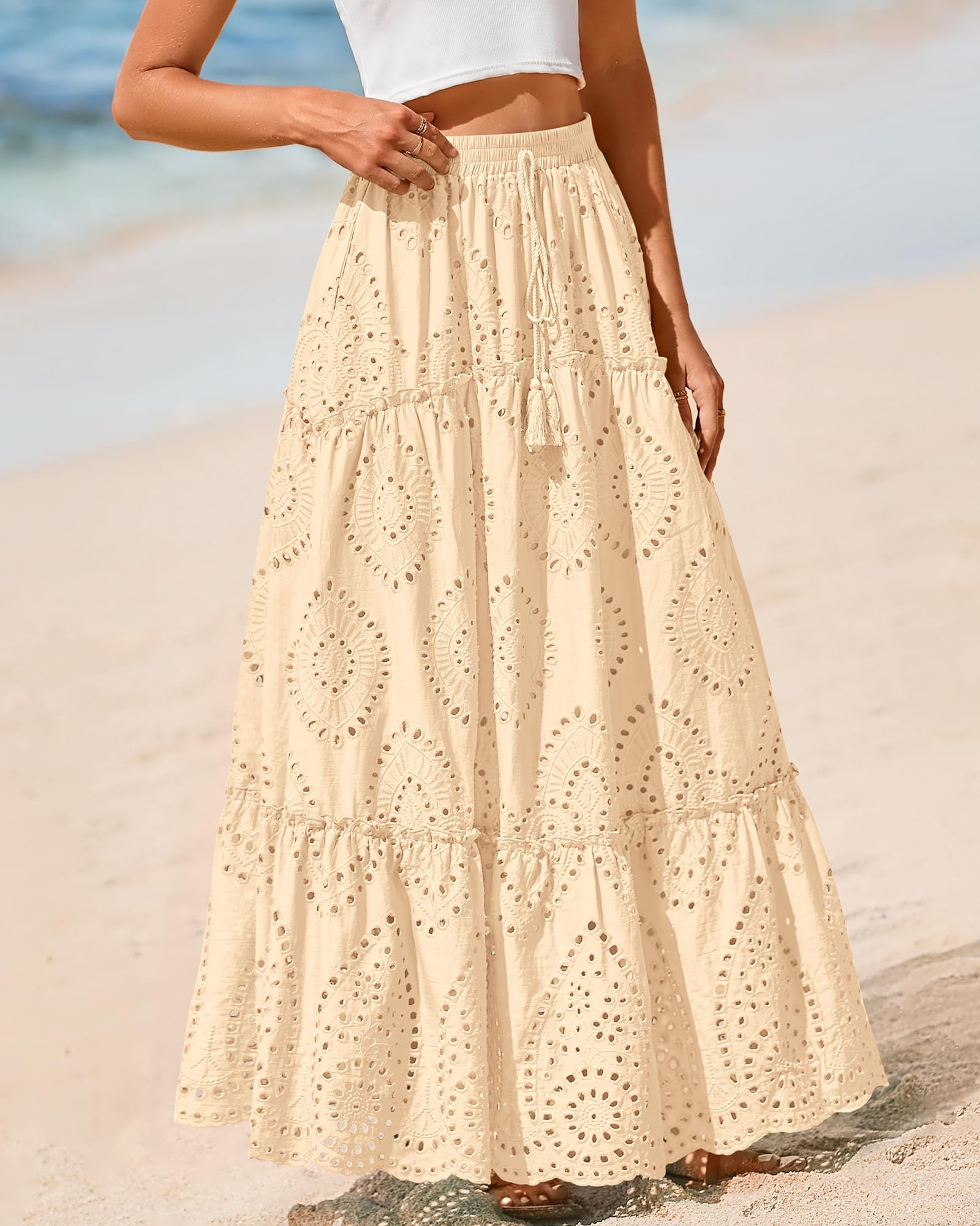 BTFBM Long Skirts for Women Summer Boho Lace Embroidery High Waist Flowy Tiered Spring Maxi Skirt Beach Vacation