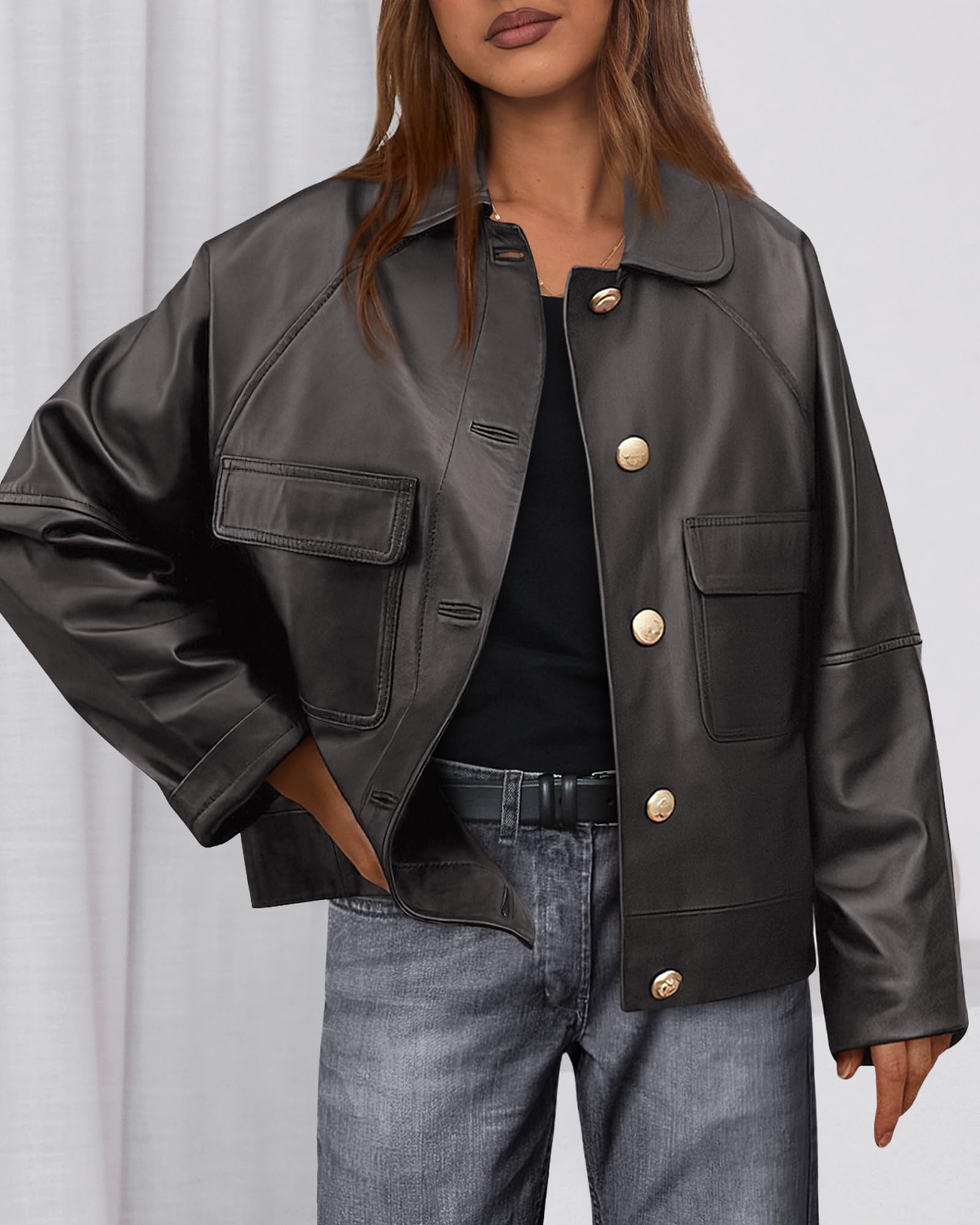 FreshPretty Leather Jacket Women Fall Clothes Long Sleeve Button Down Winter Coats Oversized Motorcycle Outwear