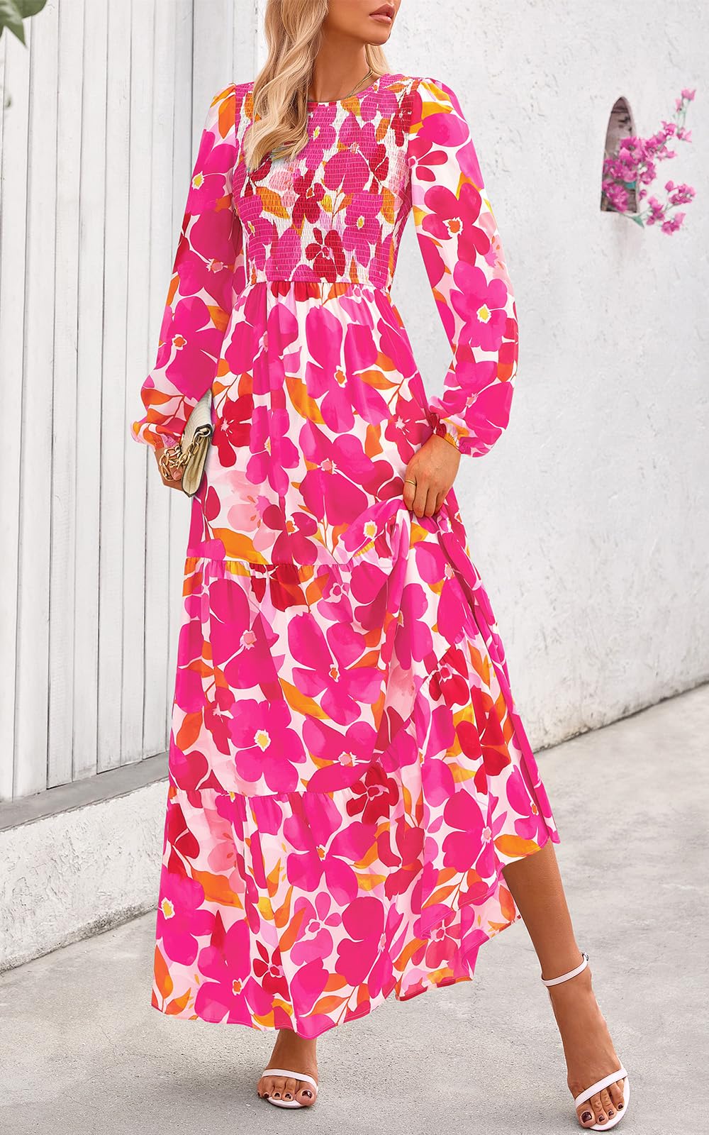 PRETTYGARDEN Women's Fall Dresses Long Sleeve Flowy Casual Floral Maxi Dress Crew Neck Smocked Tiered Long Dress