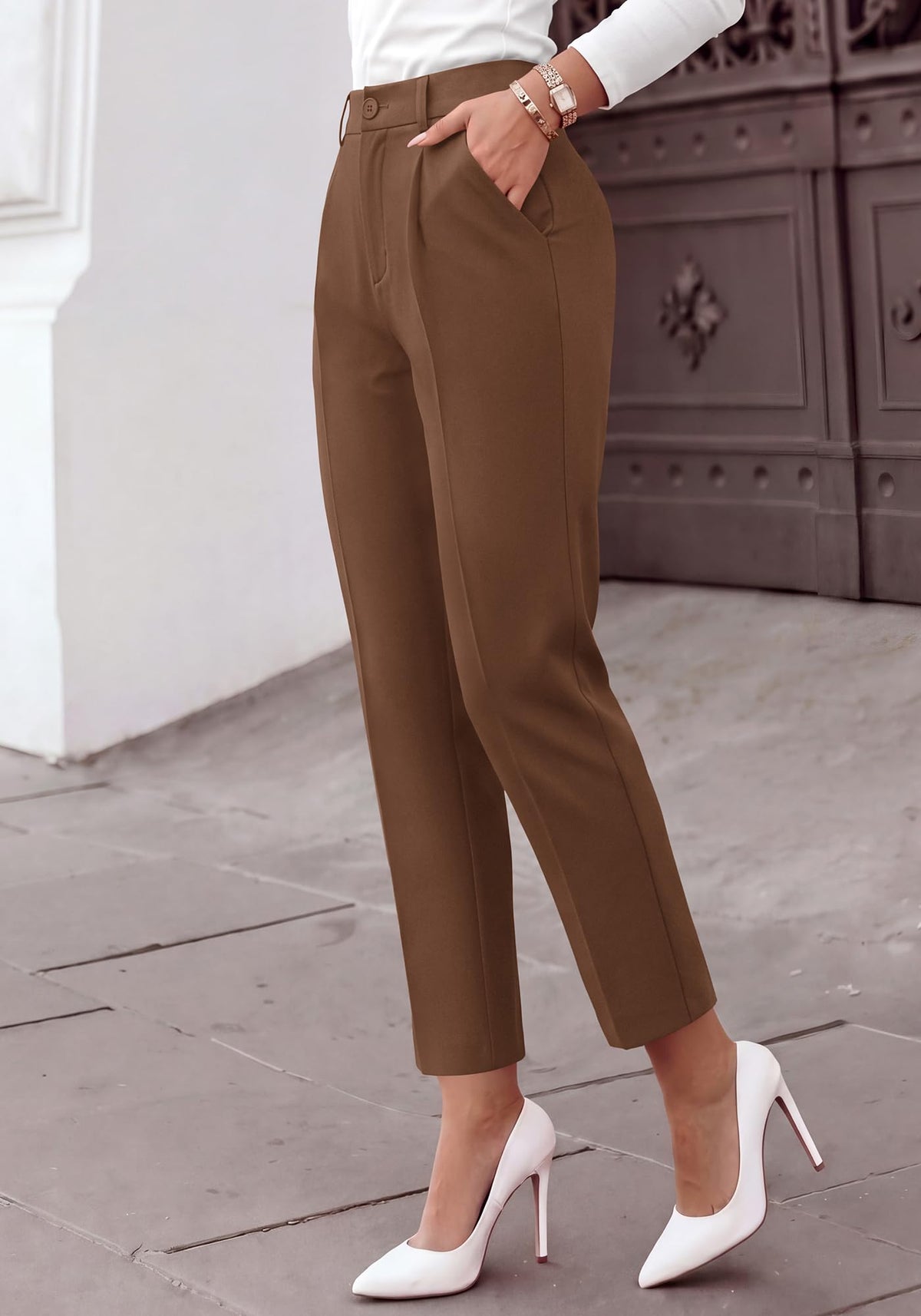 BTFBM Dress Pants Women Work Business Office Ankle Trousers Pockets Straight Leg Pleated Womens Slacks,Tapered Trousers for Work Office,Elastic Back High Waist,Fall Business Casual Outfits