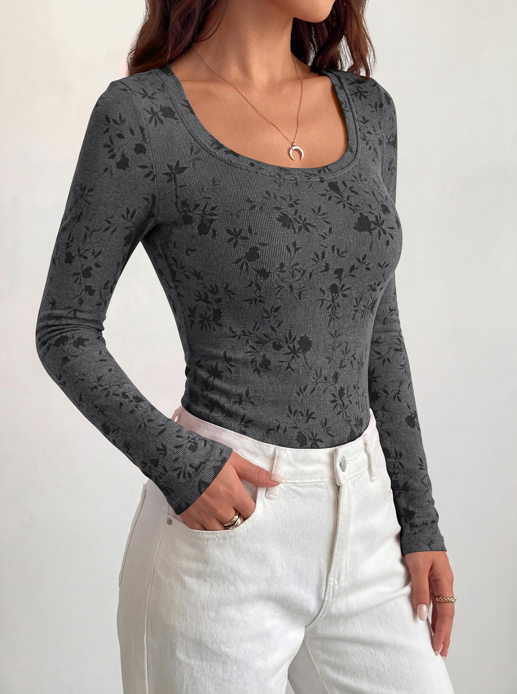 BTFBM Women's Long Sleeve Scoop Neck Shirts Floral Tops | Casual Women Fall Clothes, Ribbed Slim Fitted T-Shirts, y2k Fashion Clothing, Concert Going Out Top, Club Date Night Outfits