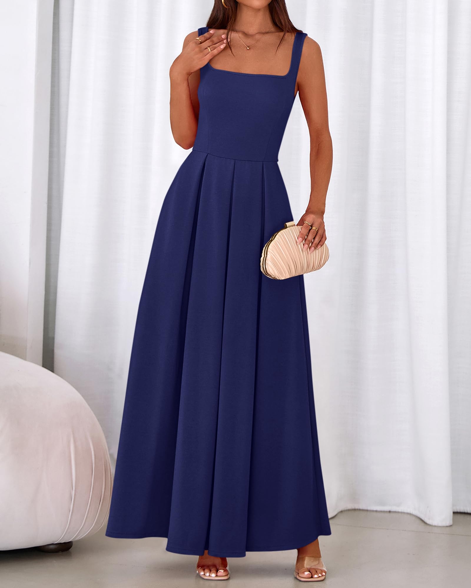 BTFBM Women Summer Square Neck Maxi Dress Spring Elegant Classy Sleeveless Formal Wedding Guest Cocktail Dresses