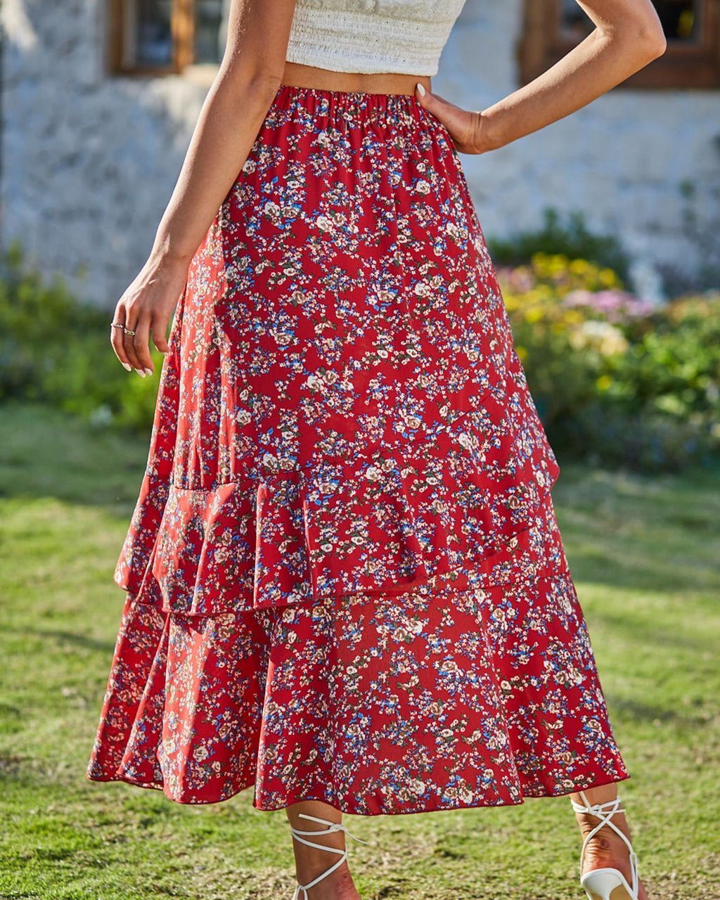 BTFBM Women Spring Summer Long Skirts Dress Boho Floral Elastic Waist Split Ruffle High Low Beach Maxi Skirt Clothes