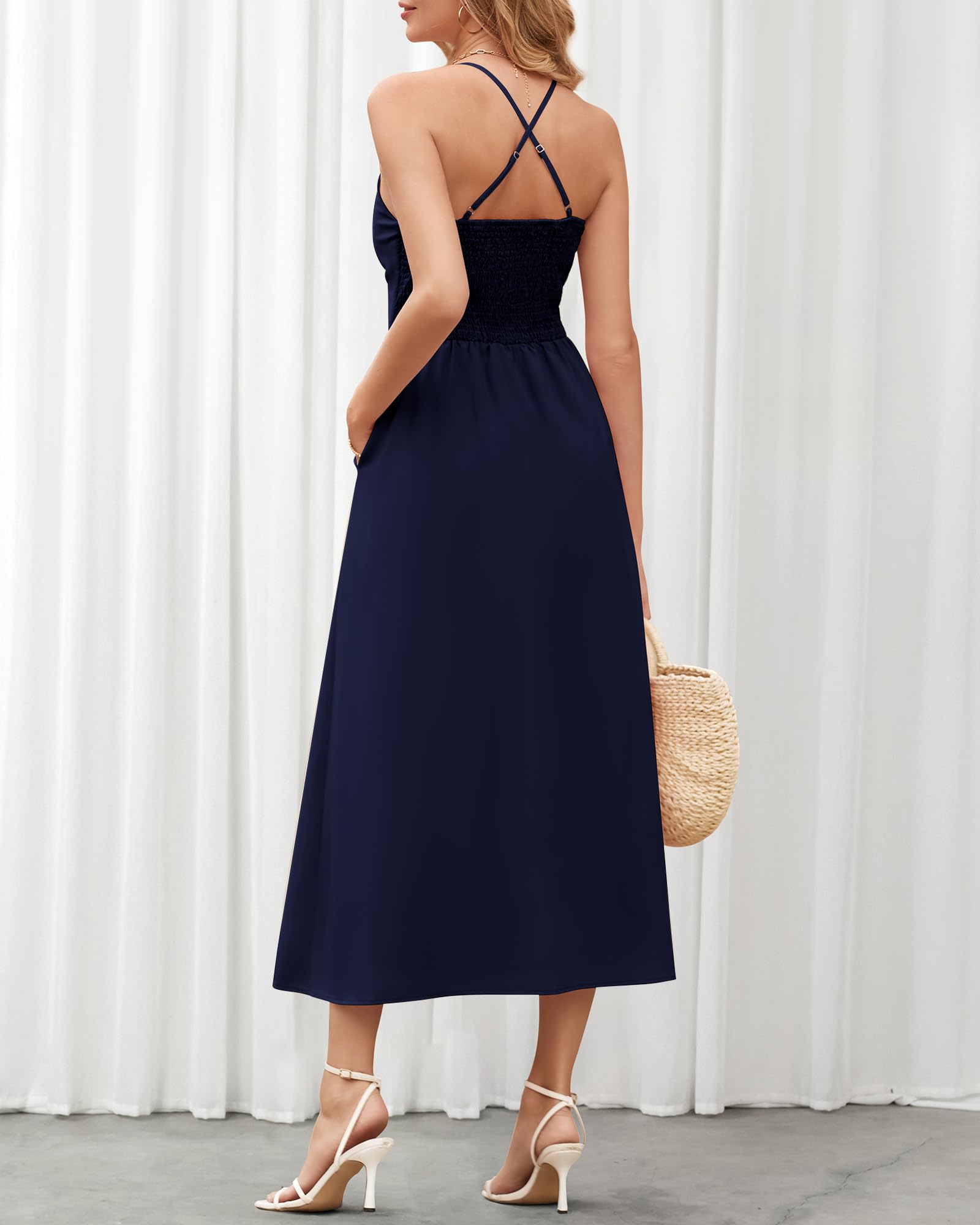 BTFBM Women Spaghetti Strap Midi Summer Dresses Sleeveless V Neck Cutout Slit Casual Beach Party Maxi Dress Pockets