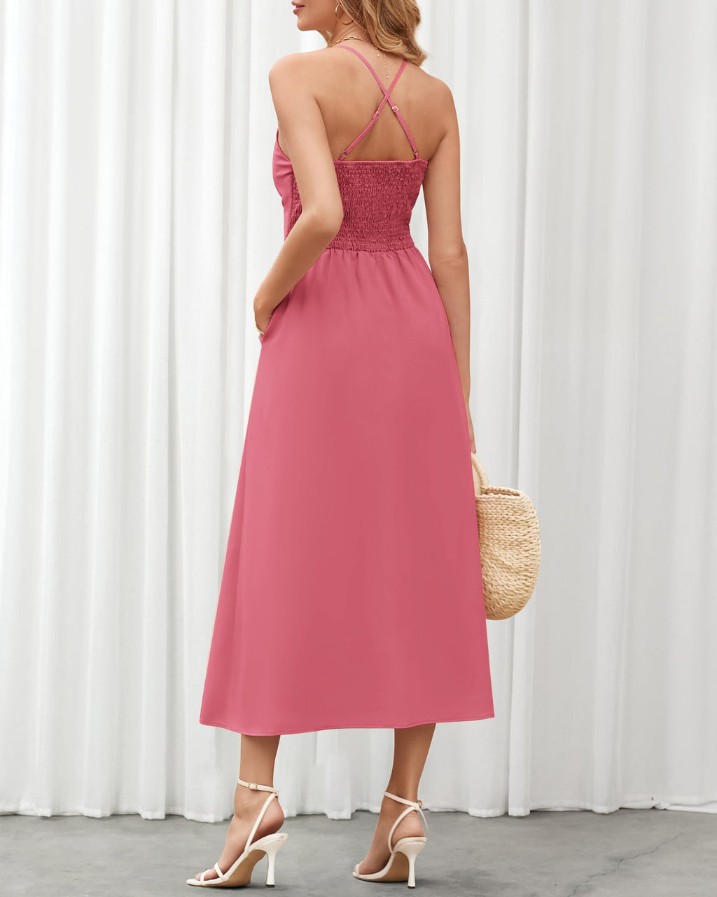 BTFBM Women Spaghetti Strap Midi Summer Dresses Sleeveless V Neck Cutout Slit Casual Beach Party Maxi Dress Pockets