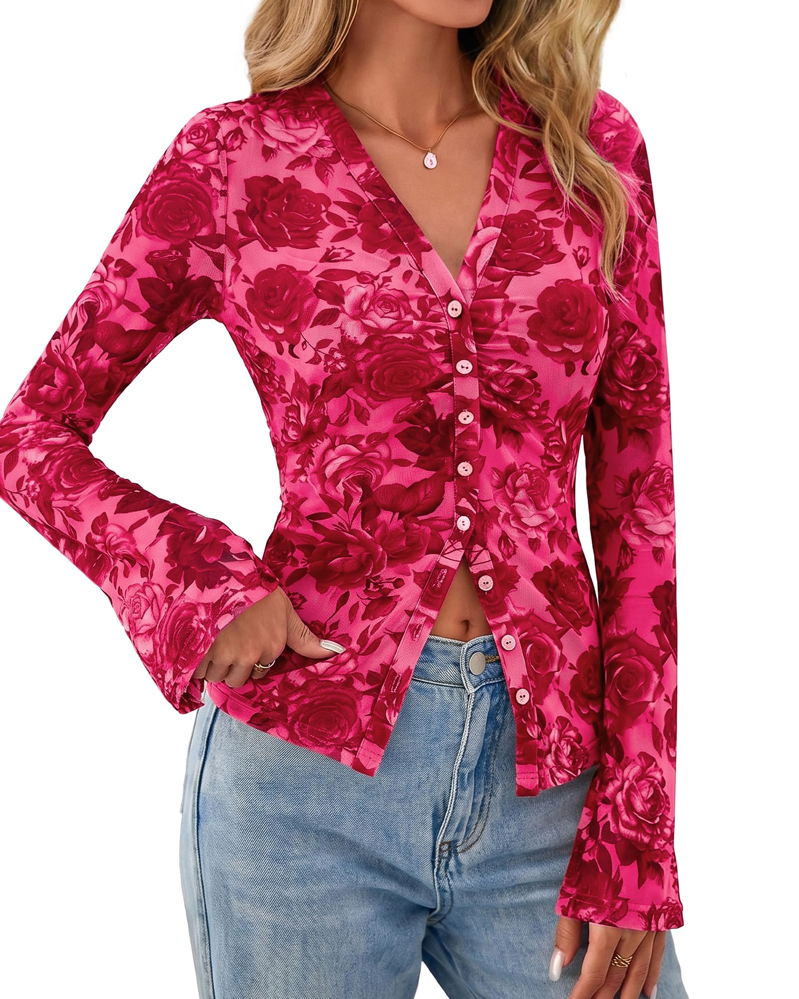 BTFBM Button Down Shirts for Women Spring Boho Tops V Neck Long Sleeve Blouses Ruched Mesh Fitted Fall Fashion