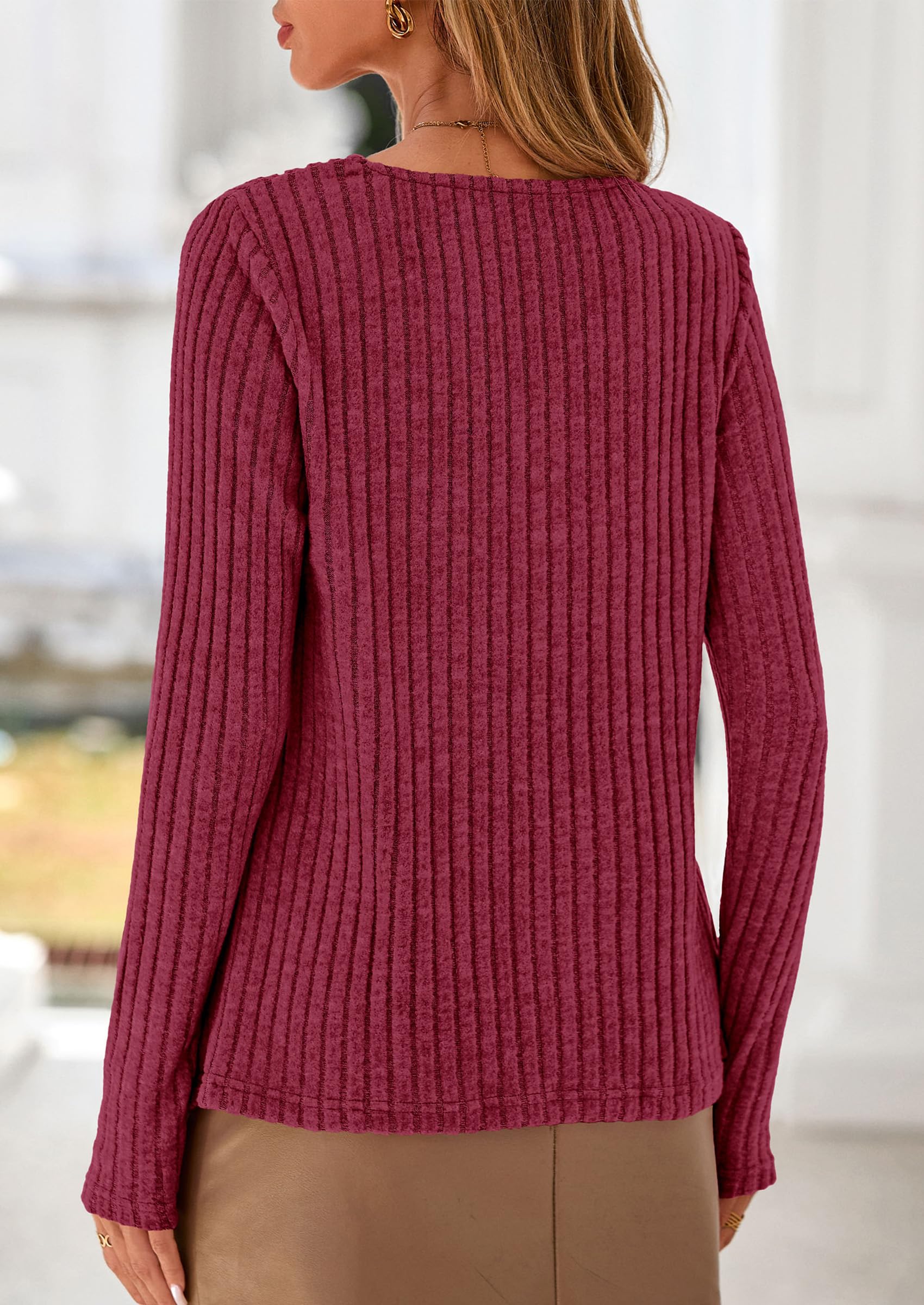 PRETTYGARDEN Women's Long Sleeve Shirts Fall Fashion Clothes Casual Ribbed V Neck Loose Tunic Tops Lightweight Sweaters