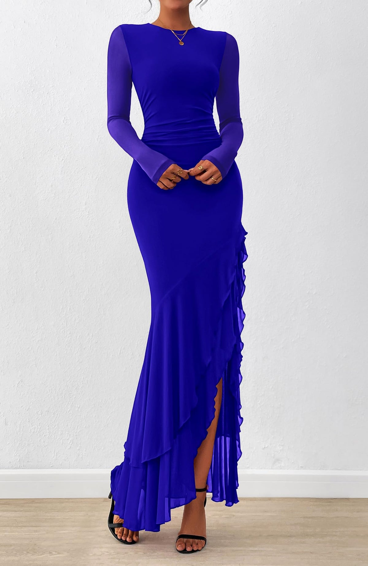 BTFBM Women's Maxi Dresses Fall Long Sleeve Wedding Guest Dress Mesh,Ruched,Bodycon,High Split,Solid Color,Ruffle, Mermaid,Cocktail Dresses,Prom,Party,Homecoming Dress,Fall Outfits