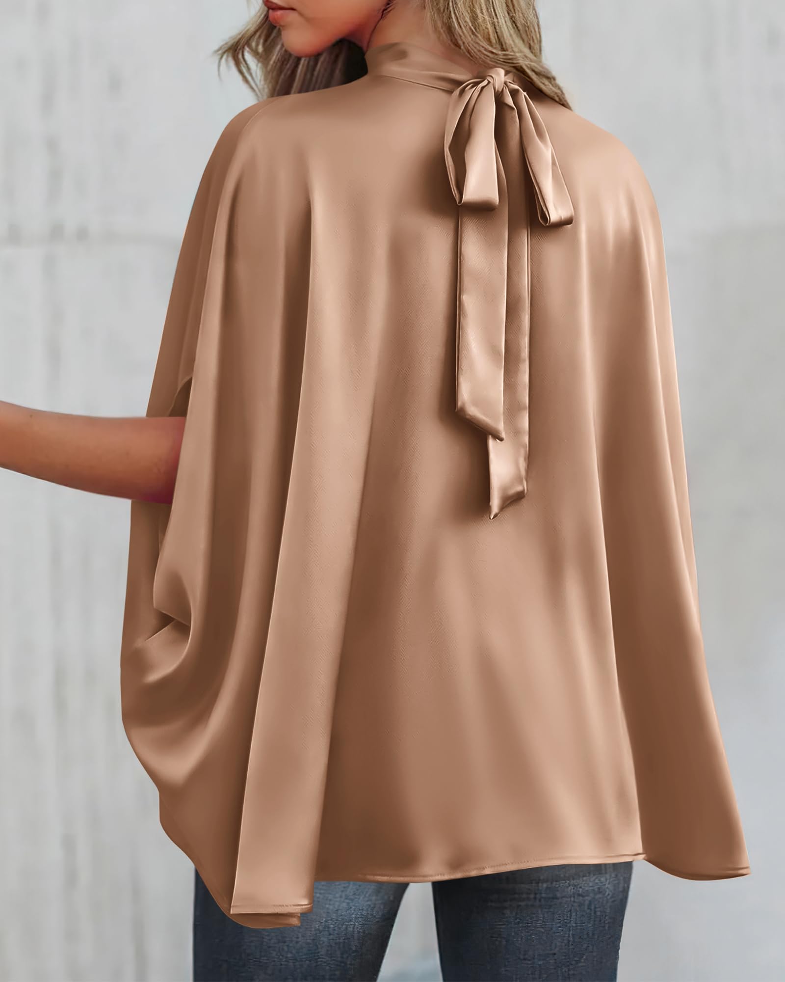 BTFBM Womens Summer Tops Mock Neck Batwing Sleeve Silk Satin Shirts Loose Oversized Dressy Casual Spring Blouses