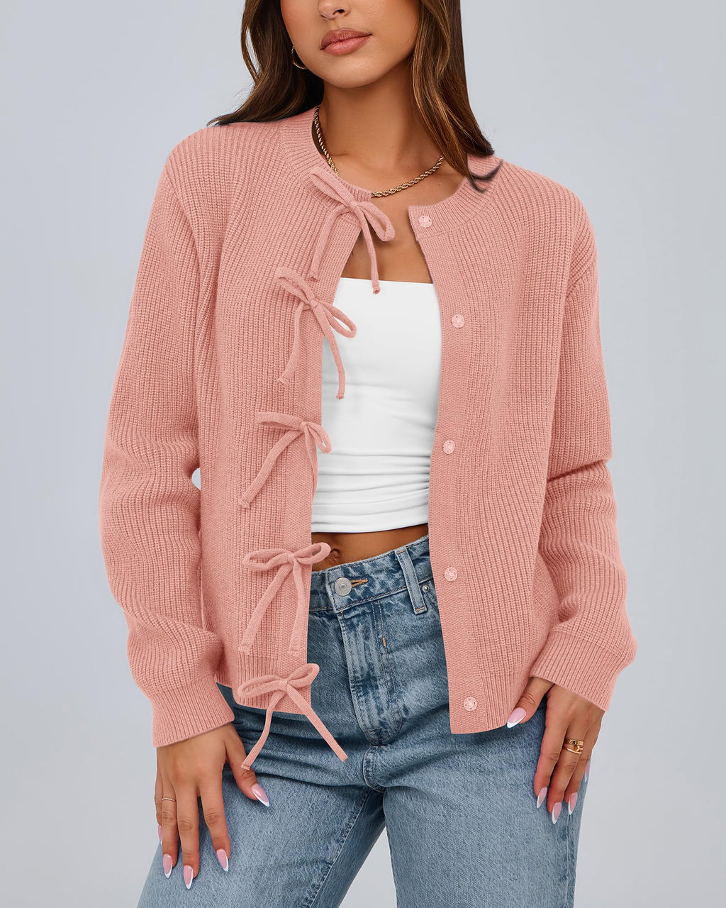 BTFBM Bow Cropped Cardigan Sweaters for Women Fall Winter Open Front Sweater Long Sleeve Button Fashion Spring Clothes