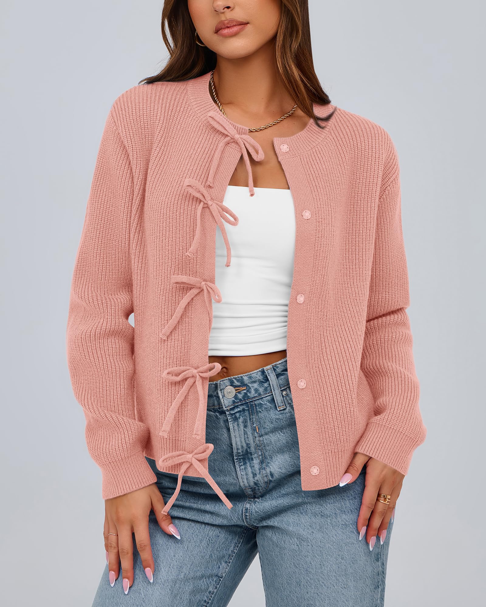 BTFBM Bow Cropped Cardigan Sweaters for Women Fall Winter Open Front Sweater Long Sleeve Button Fashion Spring Clothes