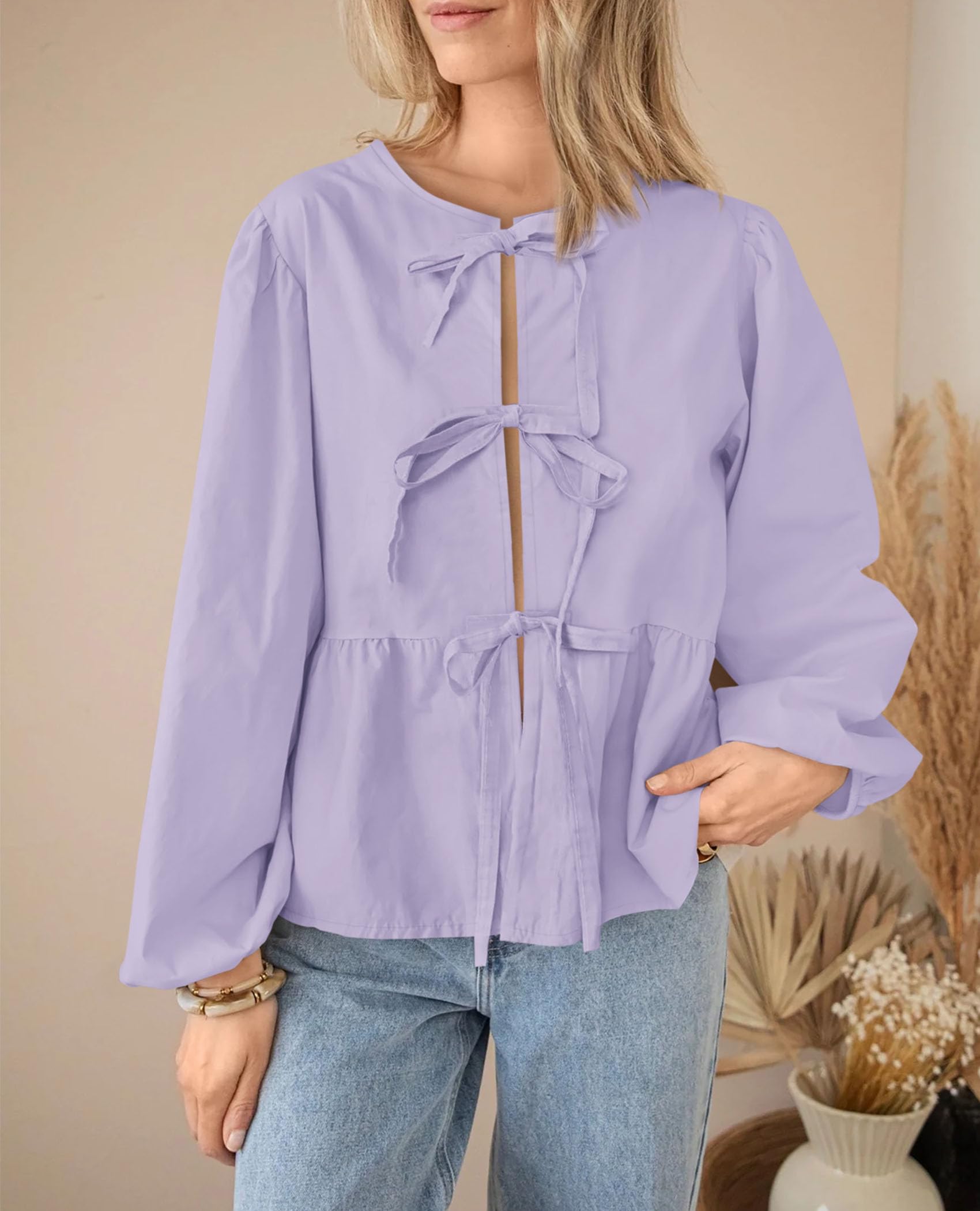 PRETTYGARDEN Women's Spring Fall Babydoll Peplum Blouse Shirt Puff Long Sleeve Bow Tie Front Trendy Cute Y2K Going Out Tops