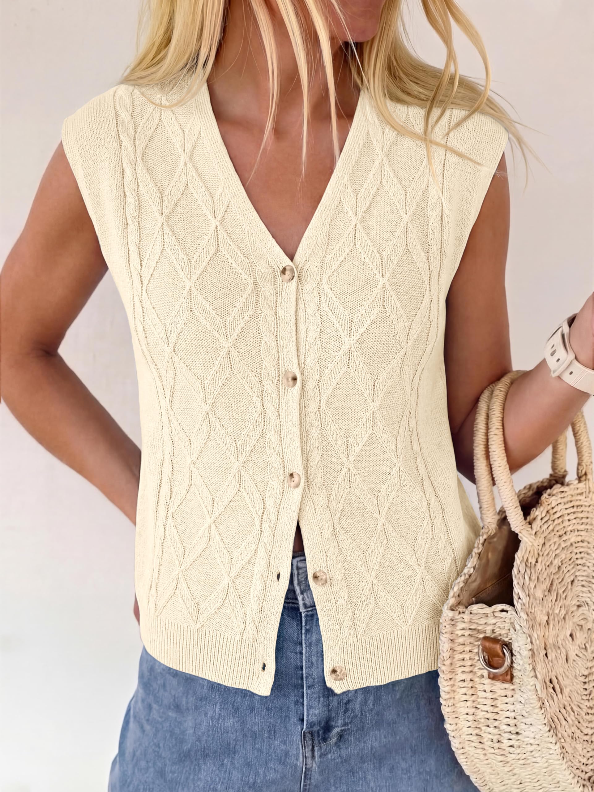 BTFBM Vest Tops for Women Summer V Neck Button Loose Lightweight Cardigan Knit Cap Sleeve Sweater Vests Fashion Clothing