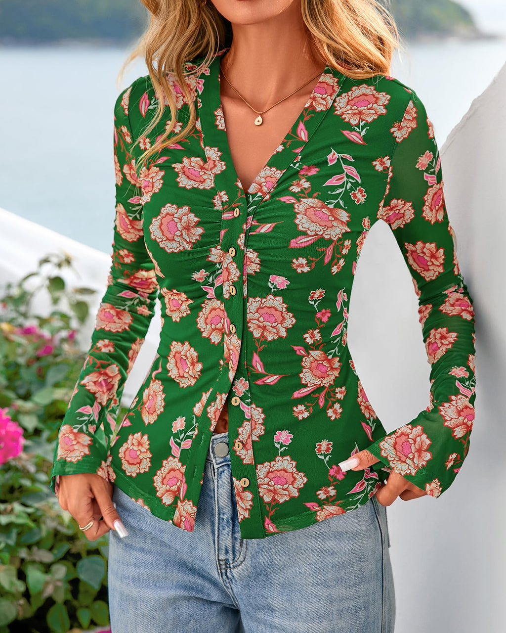 BTFBM Button Down Shirts for Women Spring Boho Tops V Neck Long Sleeve Blouses Ruched Mesh Fitted Fall Fashion