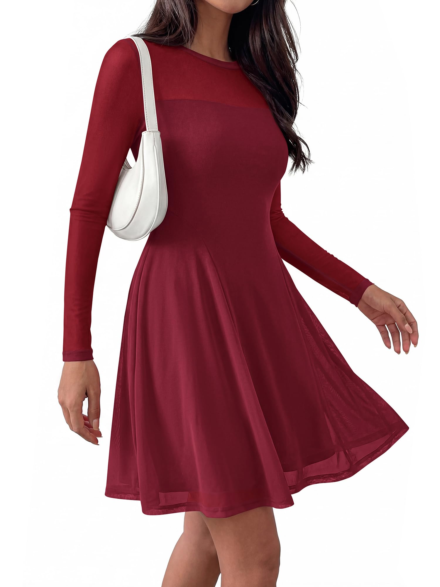 BTFBM Women’s Mini Dress Sheer Mesh Long Sleeve Crew Neck Flowy A Line Casual Cocktail Party Going Out Dresses Fall