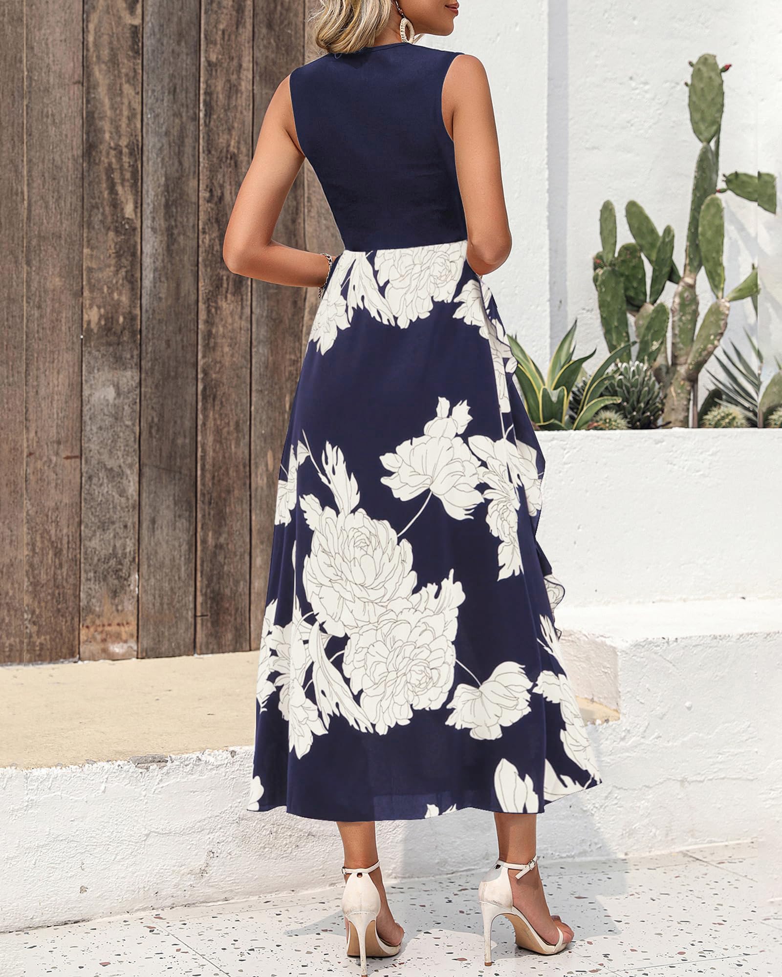 FreshPretty Women Casual Sleeveless Summer Dresses Spring Crewneck Patchwork Boho Floral Ruffle Cocktail Party Midi Dress