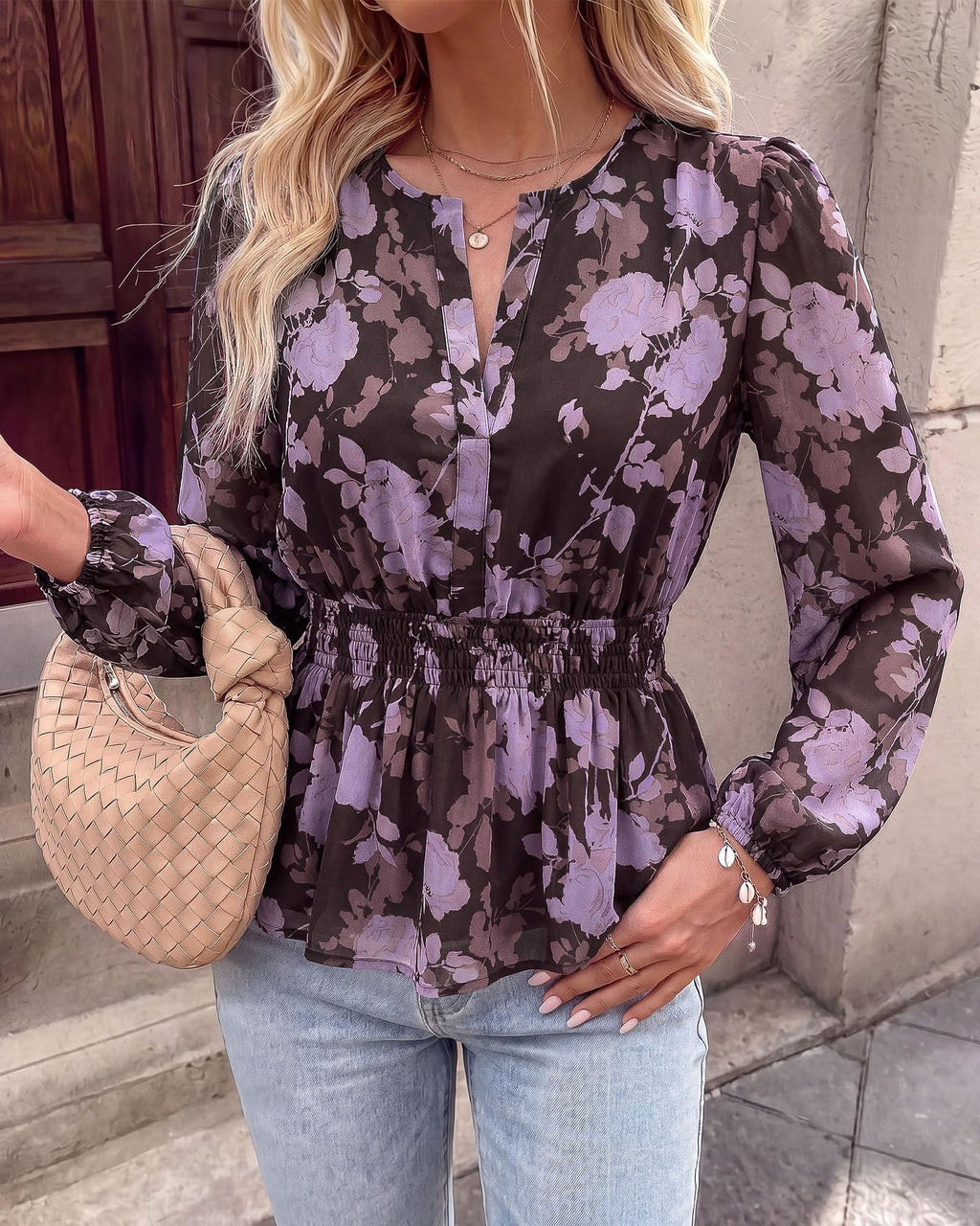 BTFBM Womens Tops Dressy Casual Floral V Neck Long Sleeve Chiffon Shirts | Chiffon Lantern Sleeve Flowy Peplum Sheer Top,Elastic Waist Babydoll Blouses,Boho Vacation Outfits,Fall Fashion Clothing